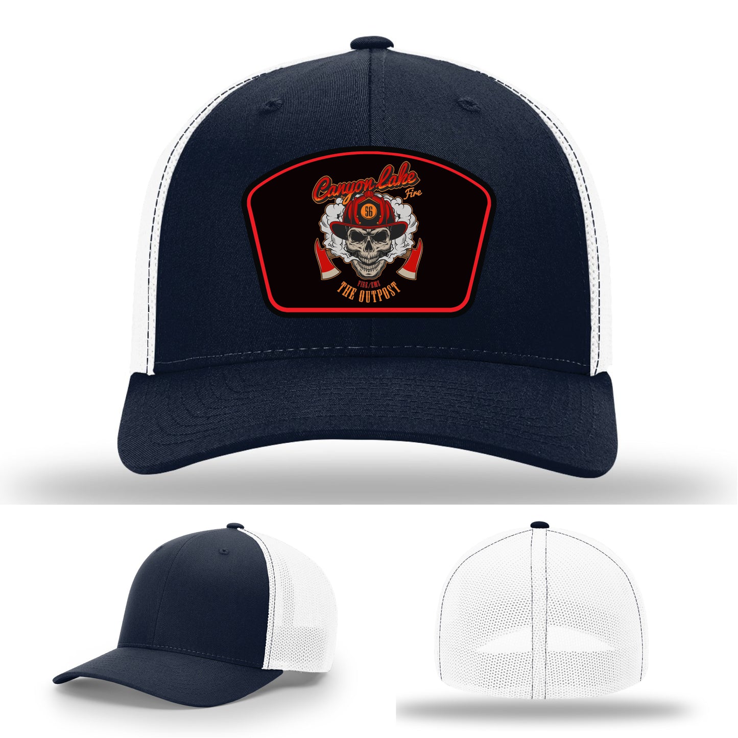 high-visibility firefighter hat with Canyon Lake patch front
