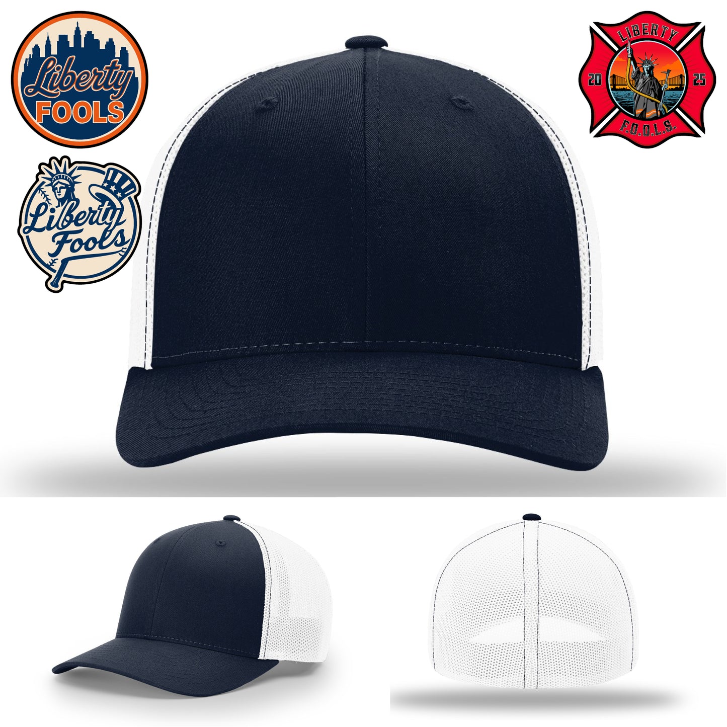 Liberty City FOOLS firefighter hat logo variants β variant view showing three FOOLS patch options.
