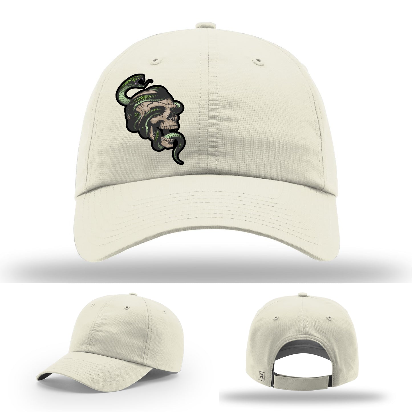 Custom Richardson hat with leather patch featuring skull and green snake design – dark streetwear style.