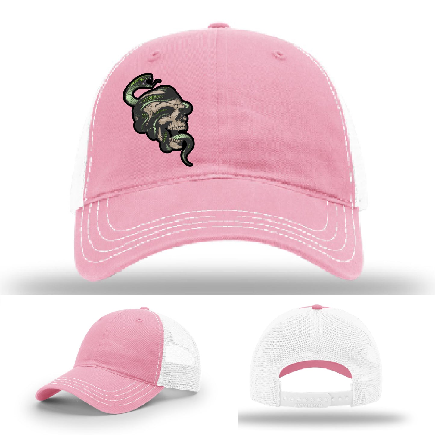 Custom Richardson hat with leather patch featuring skull and green snake design – dark streetwear style.