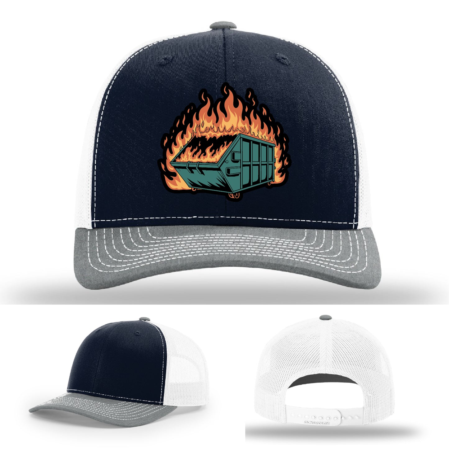 Funny leather patch hat featuring dumpster fire artwork great for sarcastic personalities – a conversation starter in leather