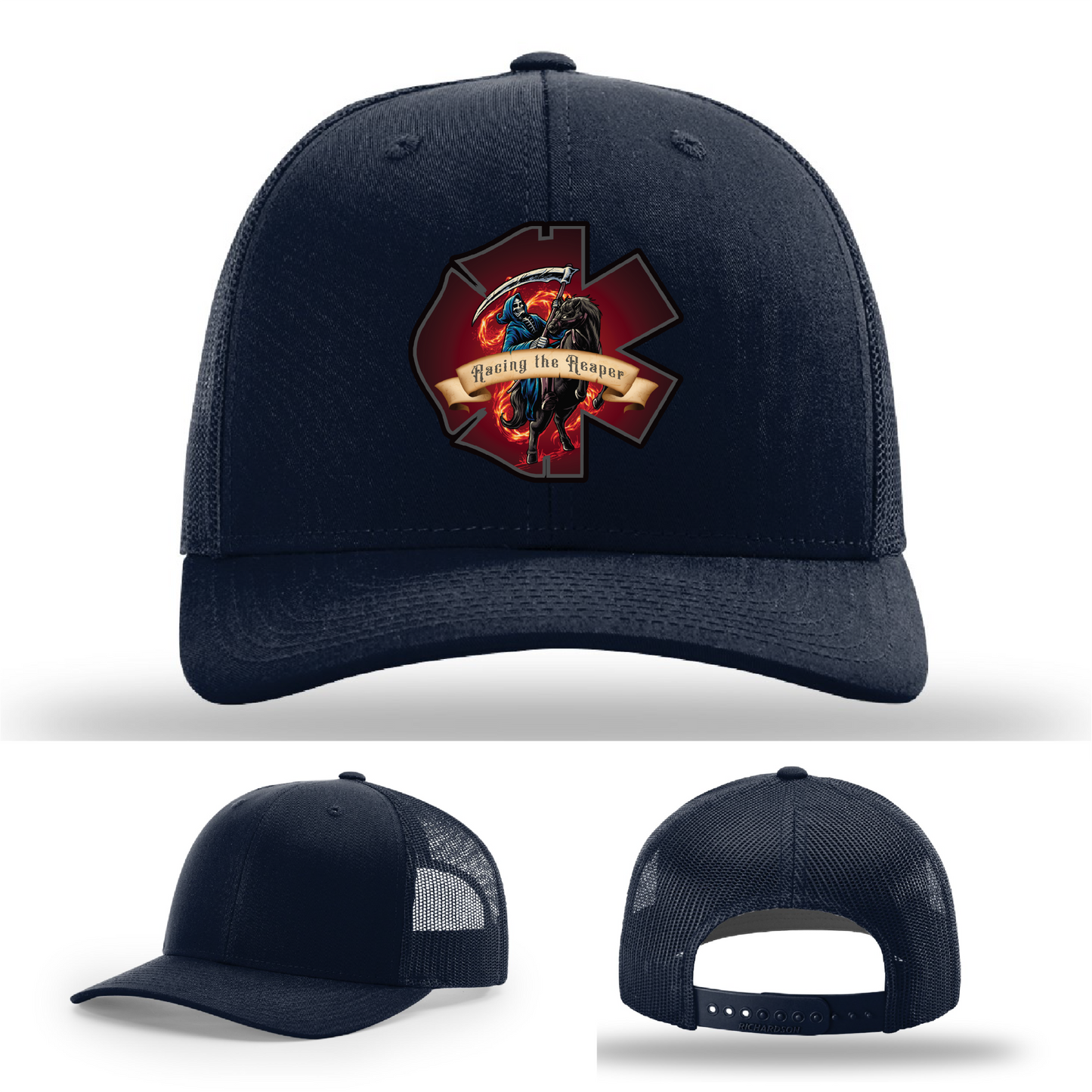Racing the Reaper skull patch styles – firefighter hat leather logos on Richardson