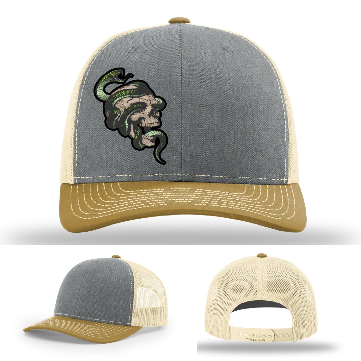 Custom Richardson hat with leather patch featuring skull and green snake design – dark streetwear style.