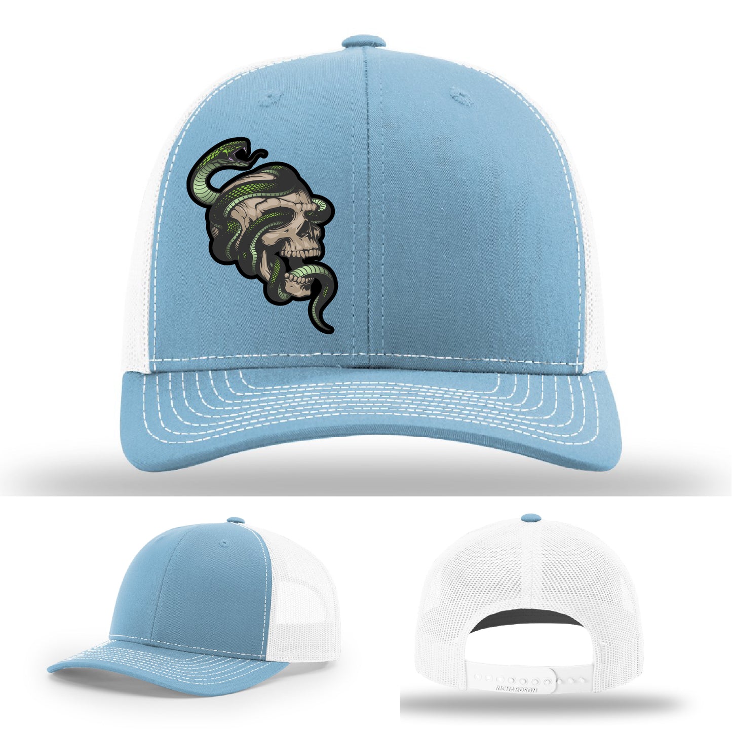 Custom Richardson hat with leather patch featuring skull and green snake design – dark streetwear style.