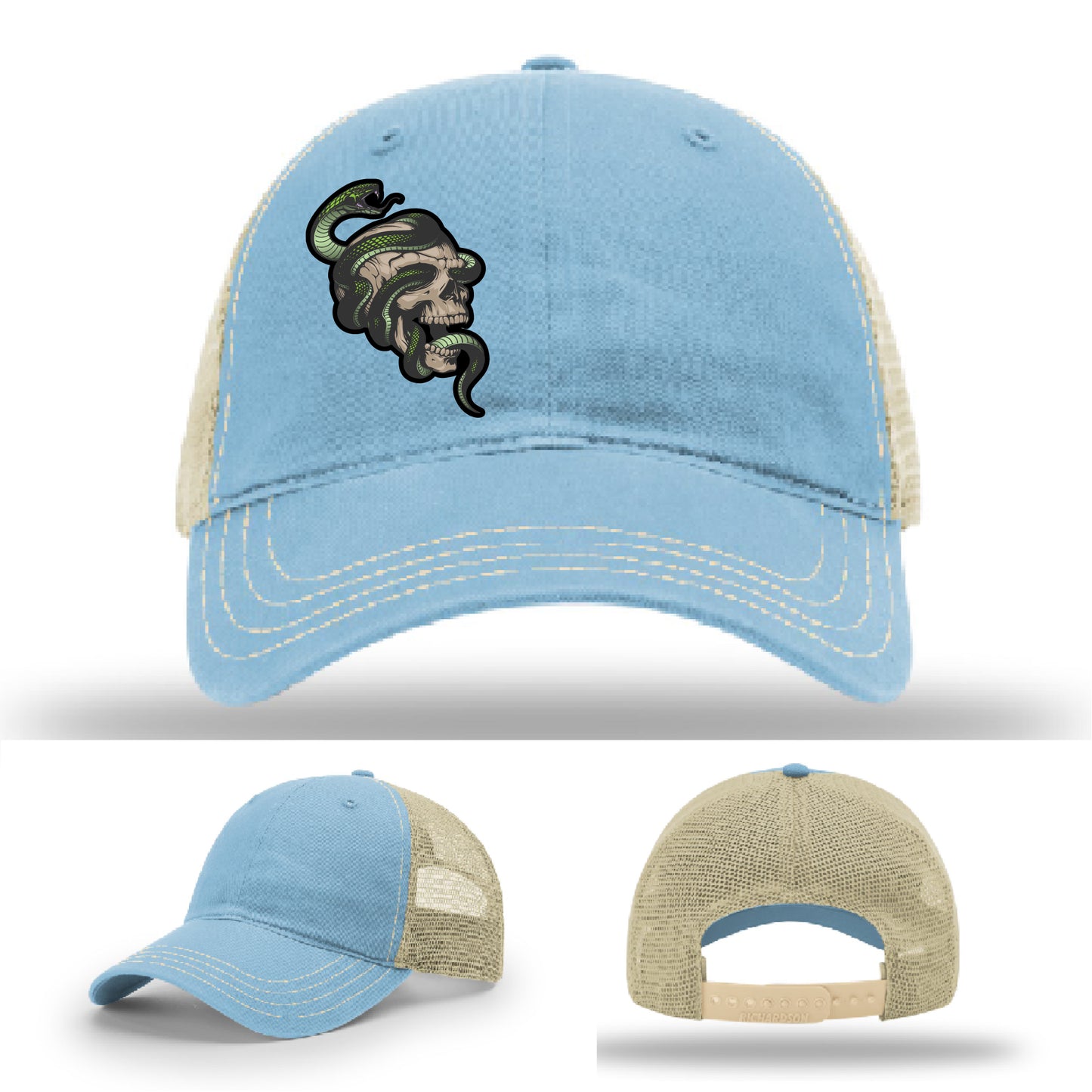 Custom Richardson hat with leather patch featuring skull and green snake design – dark streetwear style.