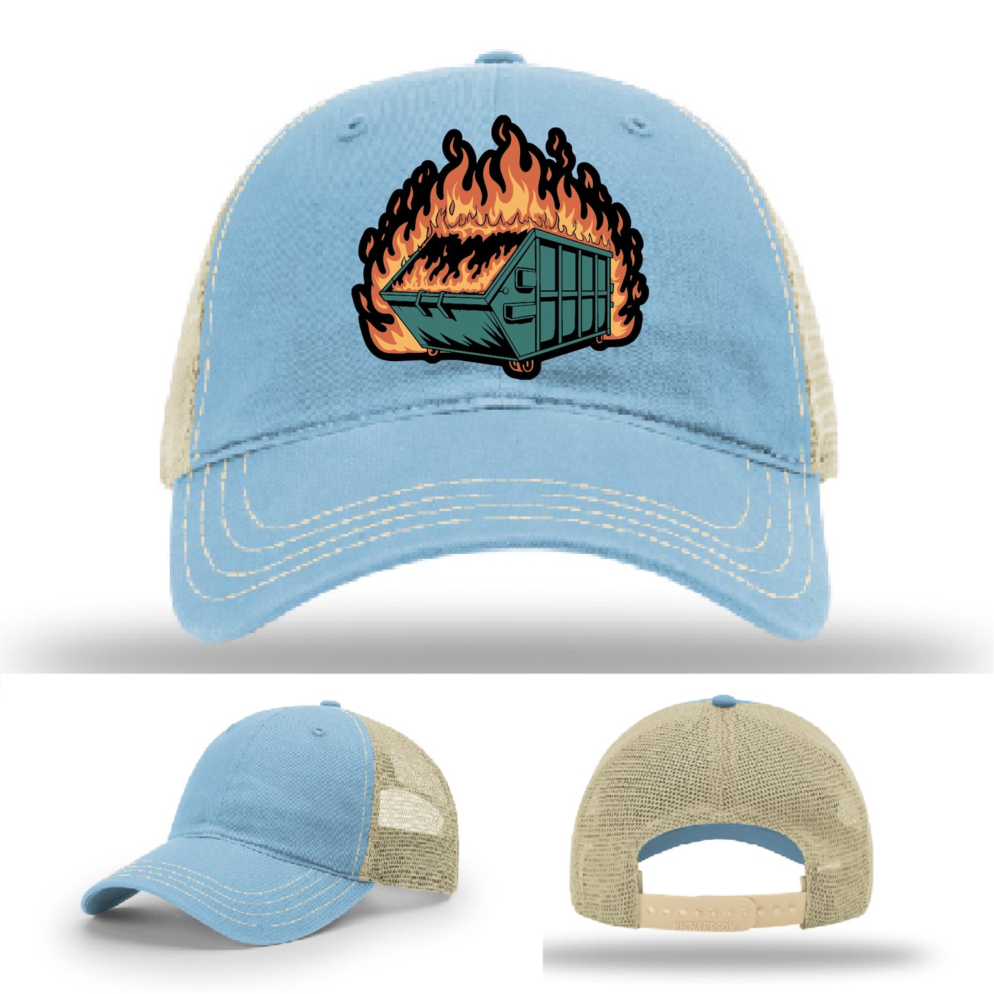 Relatable dumpster fire leather patch hat design a bold reminder of real-life disasters – when your week feels like a blaze