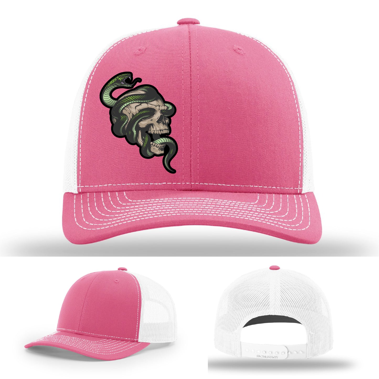 Custom Richardson hat with leather patch featuring skull and green snake design – dark streetwear style.