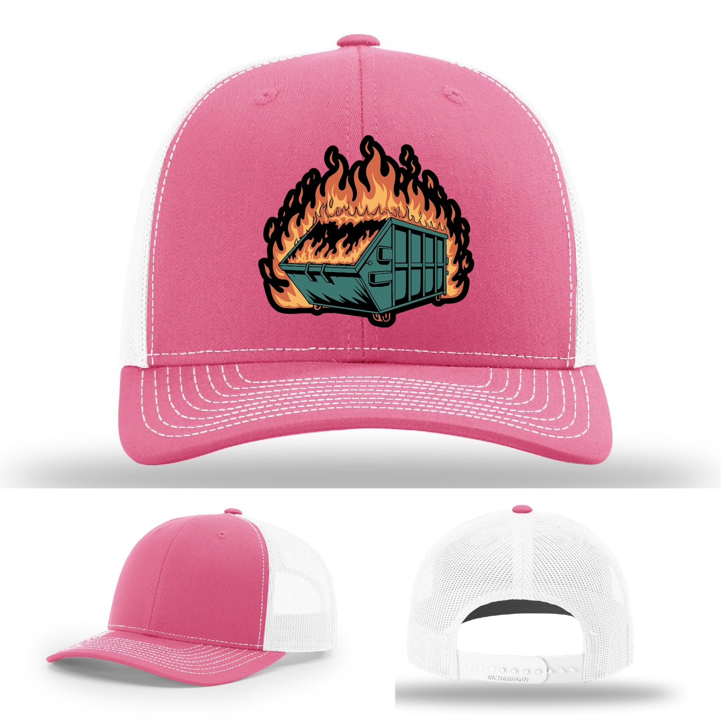 Humorous custom hat with dumpster fire patch crafted for sarcastic style – sharp, clean, and chaotic