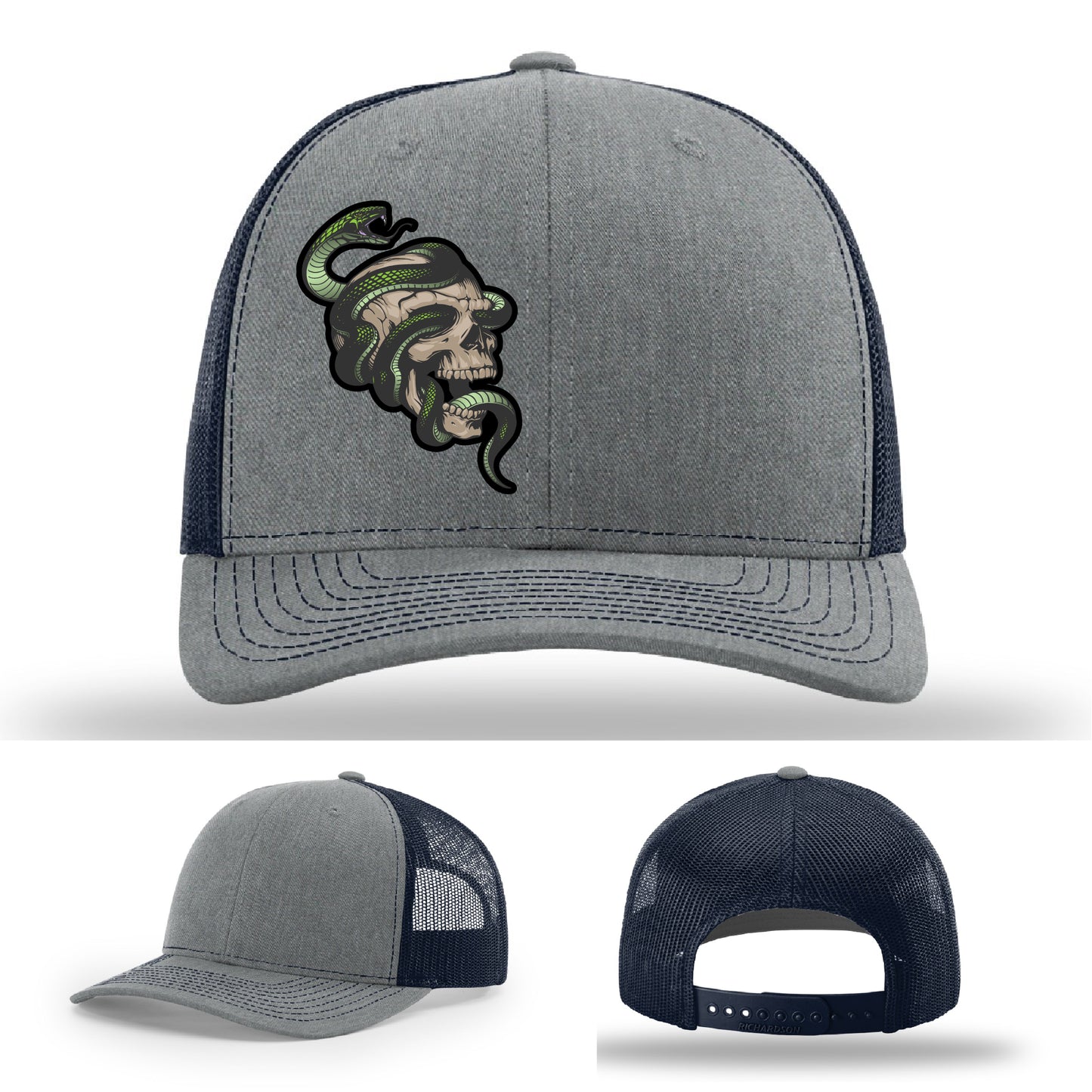 Custom Richardson hat with leather patch featuring skull and green snake design – dark streetwear style.