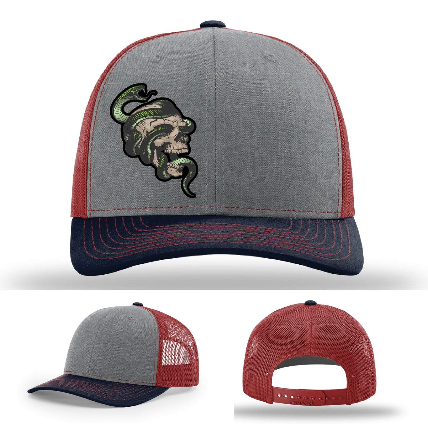 Custom Richardson hat with leather patch featuring skull and green snake design – dark streetwear style.