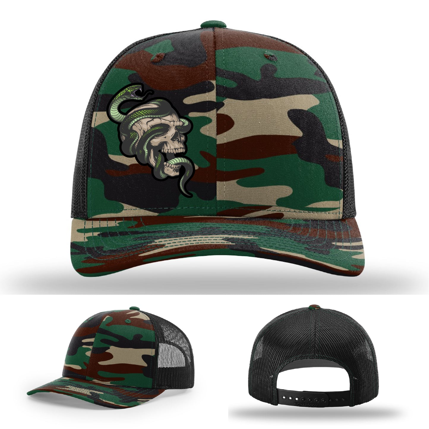 Custom Richardson hat with leather patch featuring skull and green snake design – dark streetwear style.