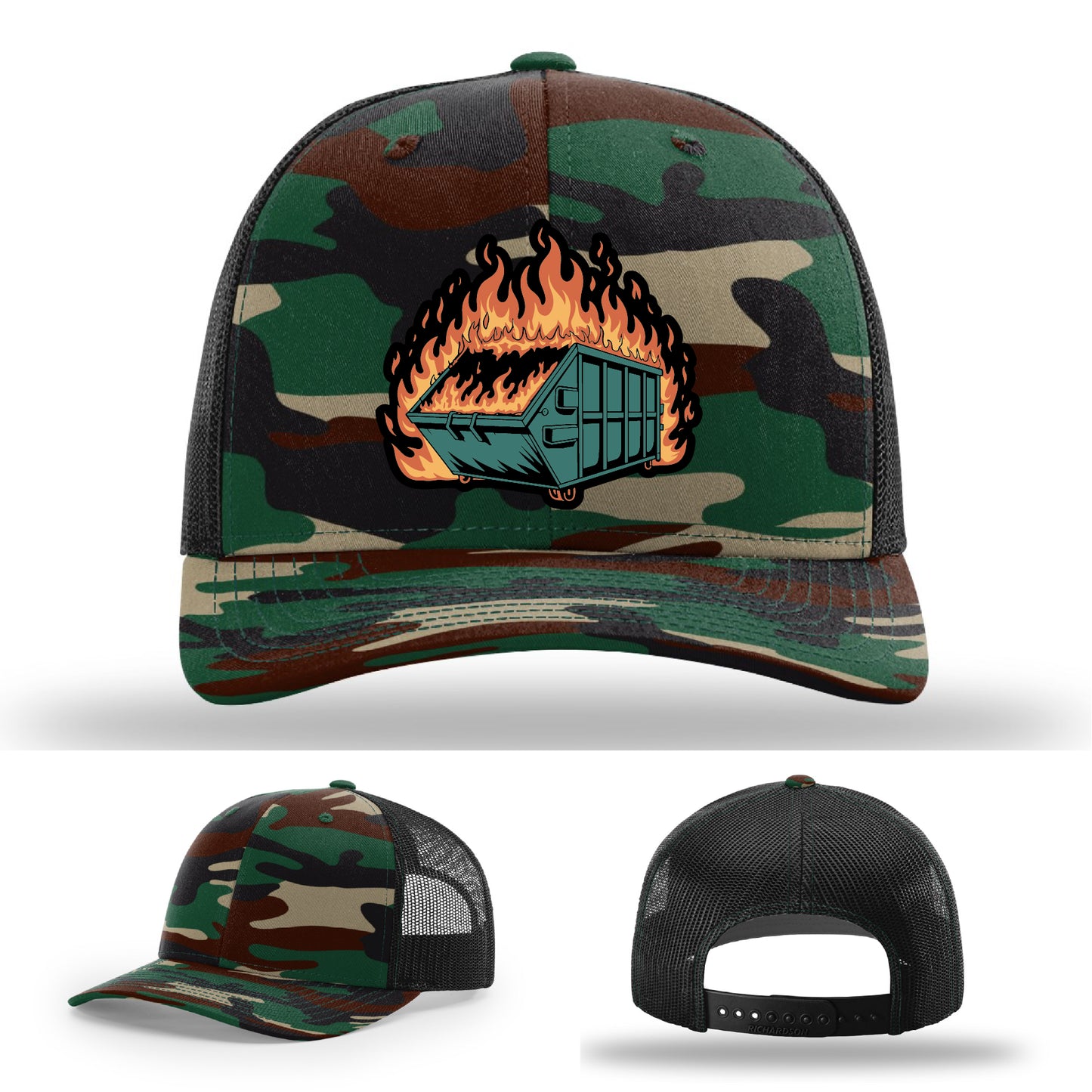 Funny leather patch hat featuring dumpster fire artwork great for sarcastic personalities – a conversation starter in leather