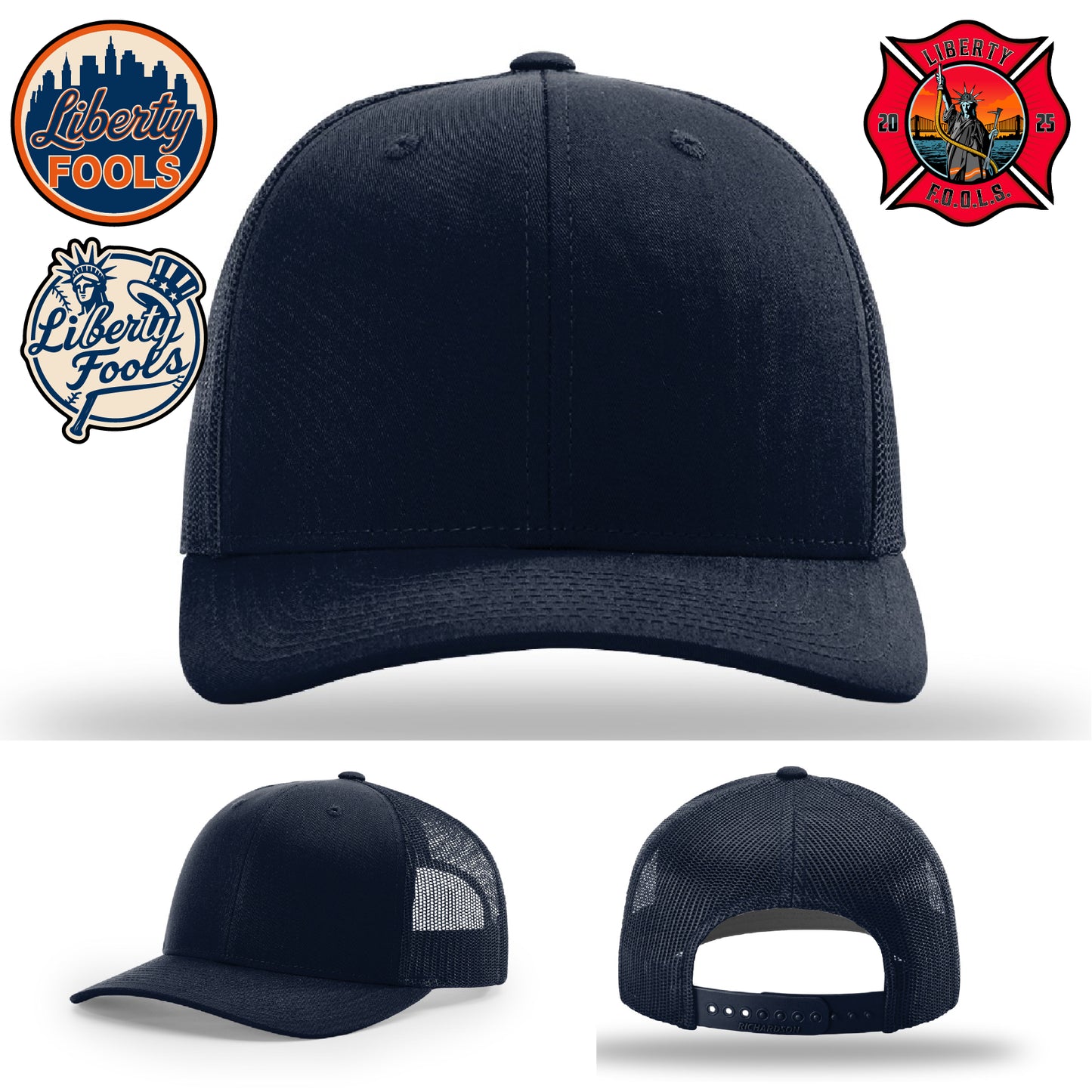 Liberty City FOOLS firefighter hat logo variants β Richardson hat mockup with FOOLS logo variations.