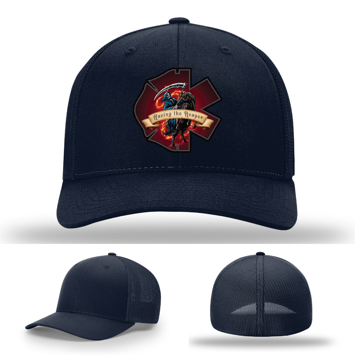 Firefighter patch variants – Racing the Reaper leather logos on Richardson hats