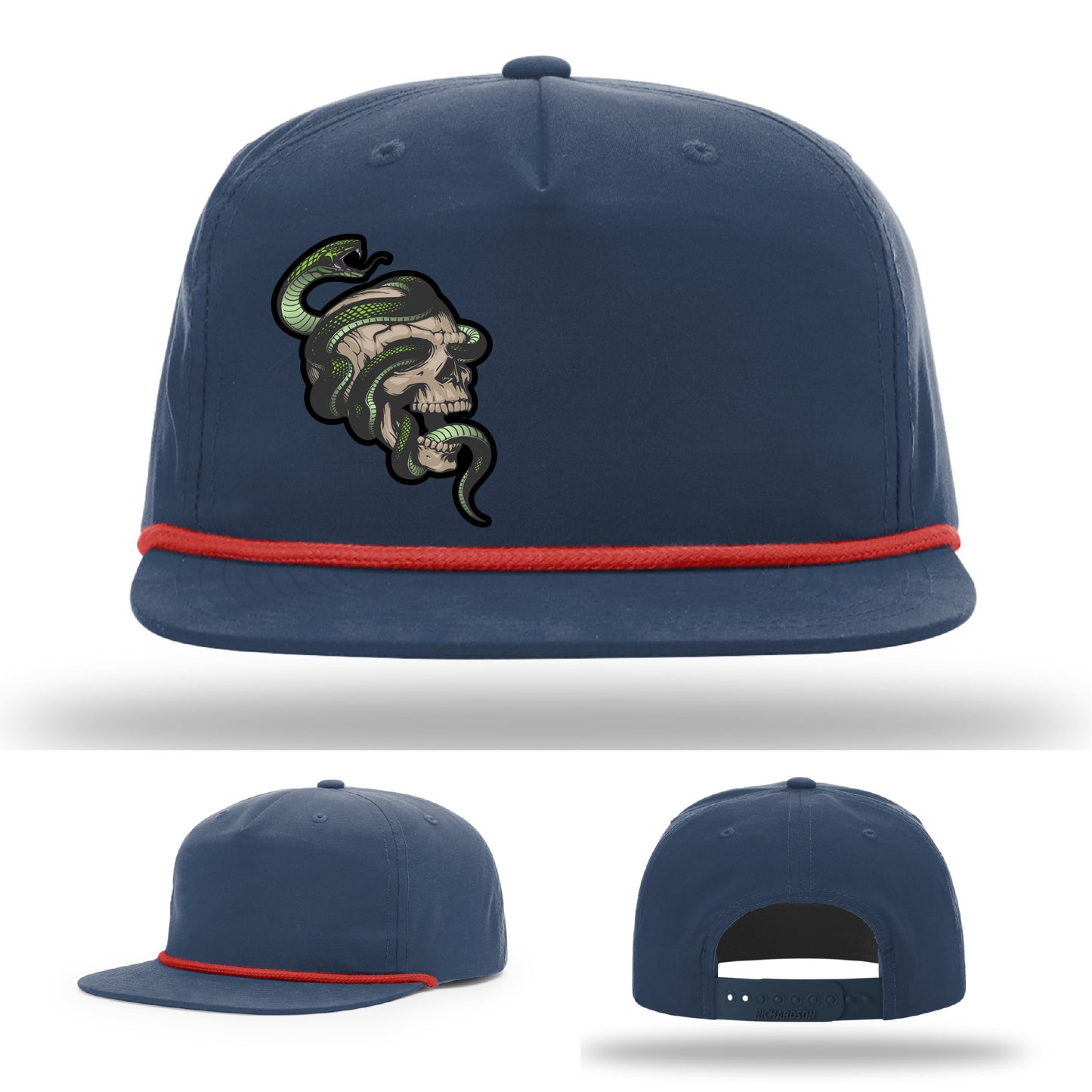 Custom Richardson hat with leather patch featuring skull and green snake design – dark streetwear style.