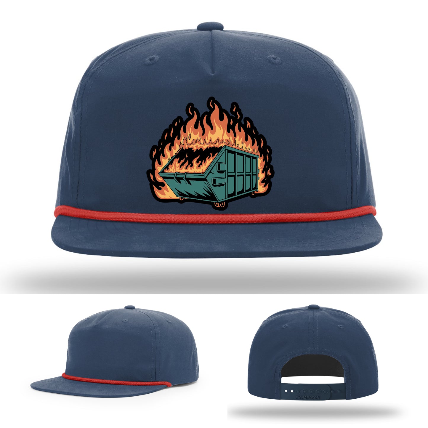 Custom leather patch hat with dumpster fire design perfect for embracing the chaos – custom made and fully relatable