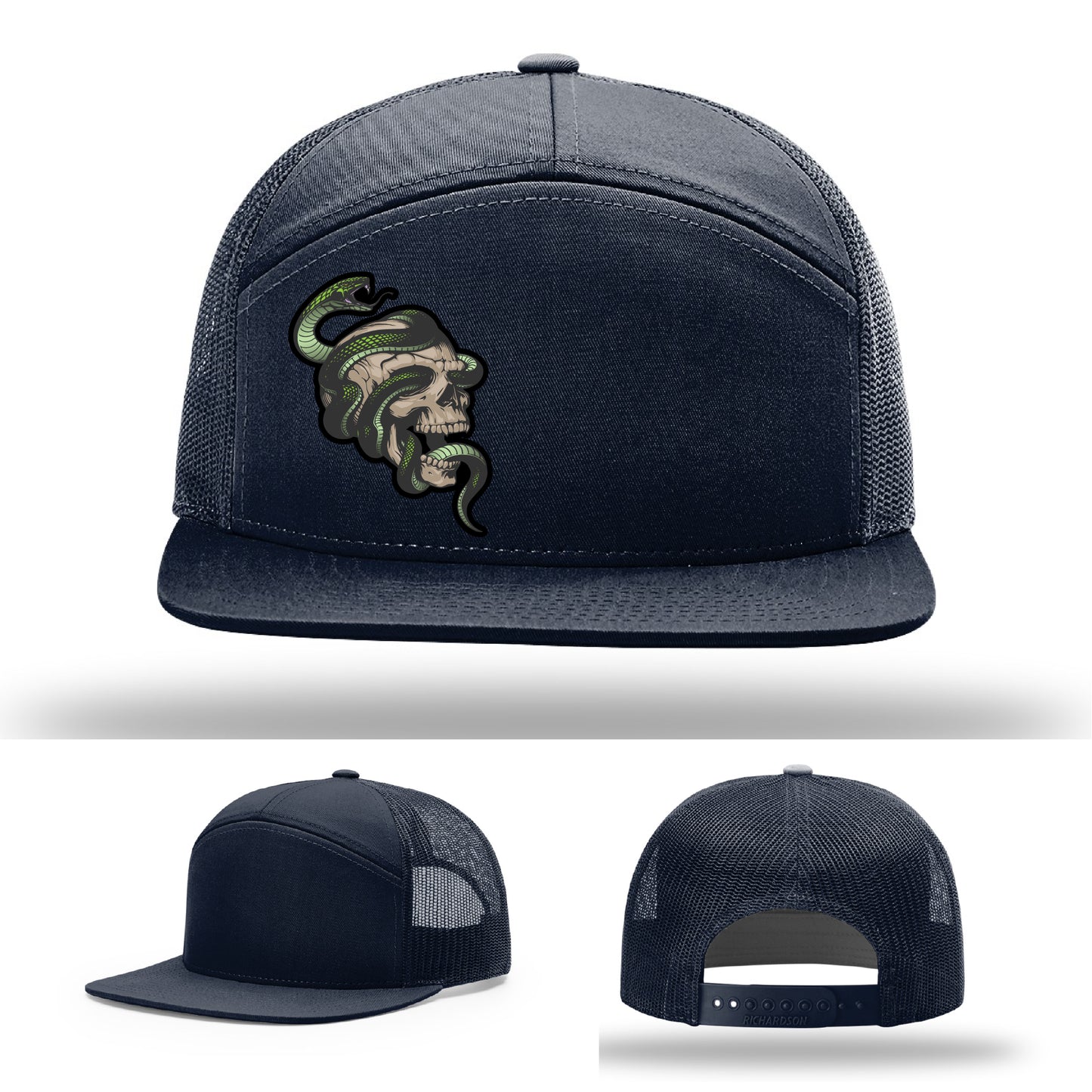 Custom Richardson hat with leather patch featuring skull and green snake design – dark streetwear style.