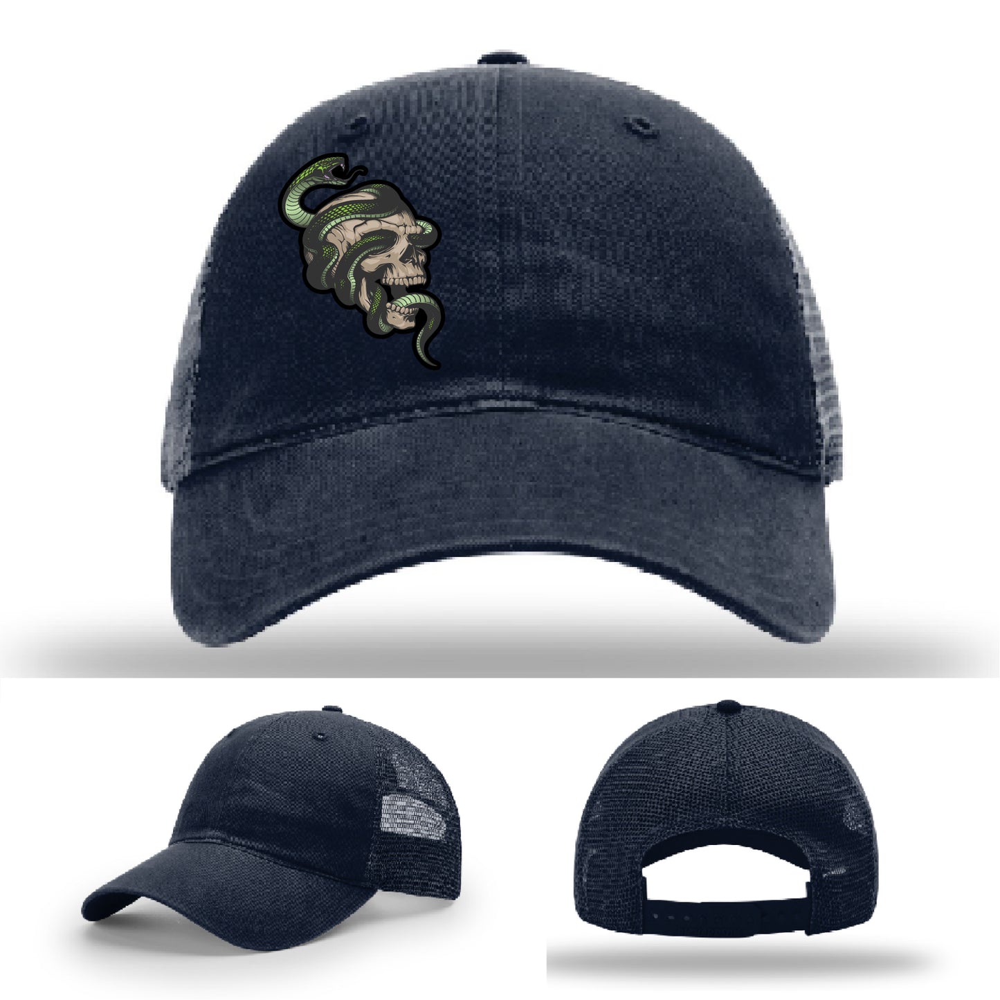 Custom Richardson hat with leather patch featuring skull and green snake design – dark streetwear style.
