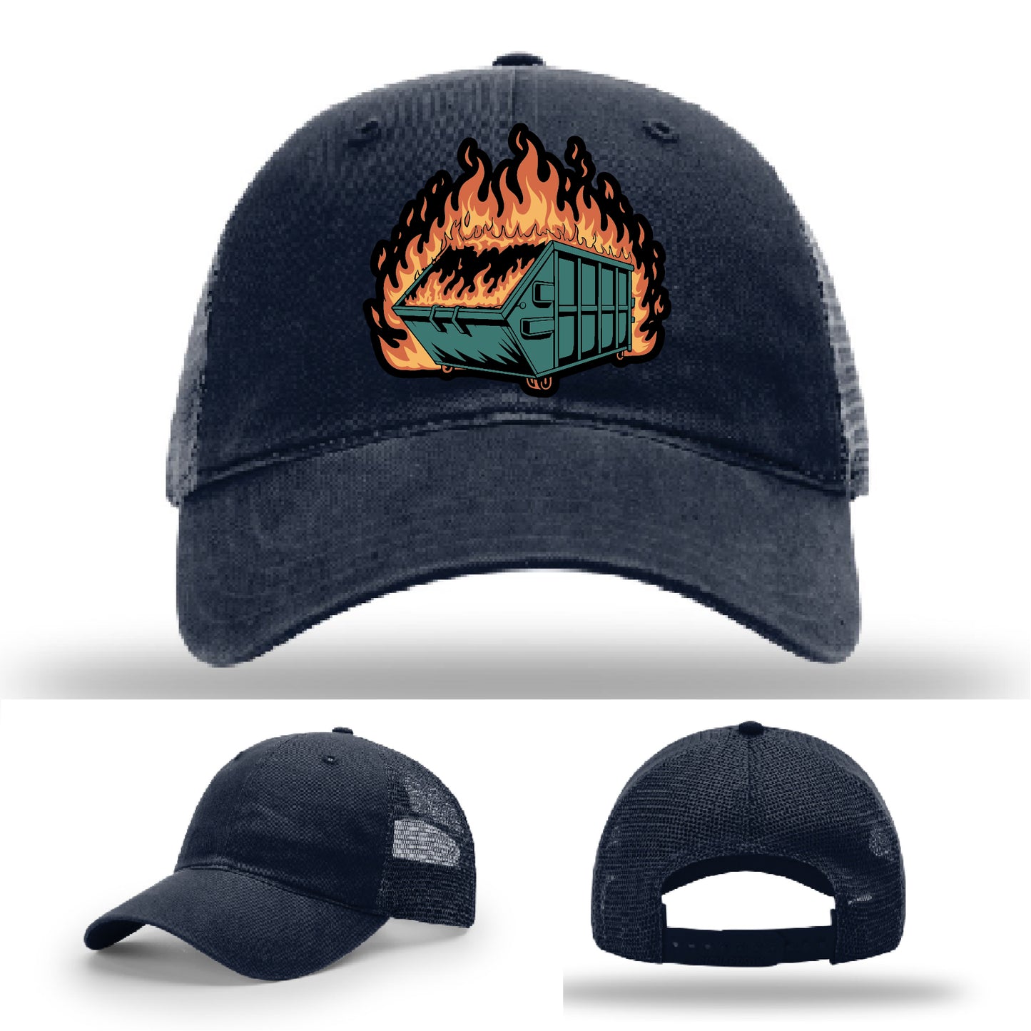 Custom patch hat capturing the dumpster fire vibe showcasing your sense of humor – ironic gear with real leather patch