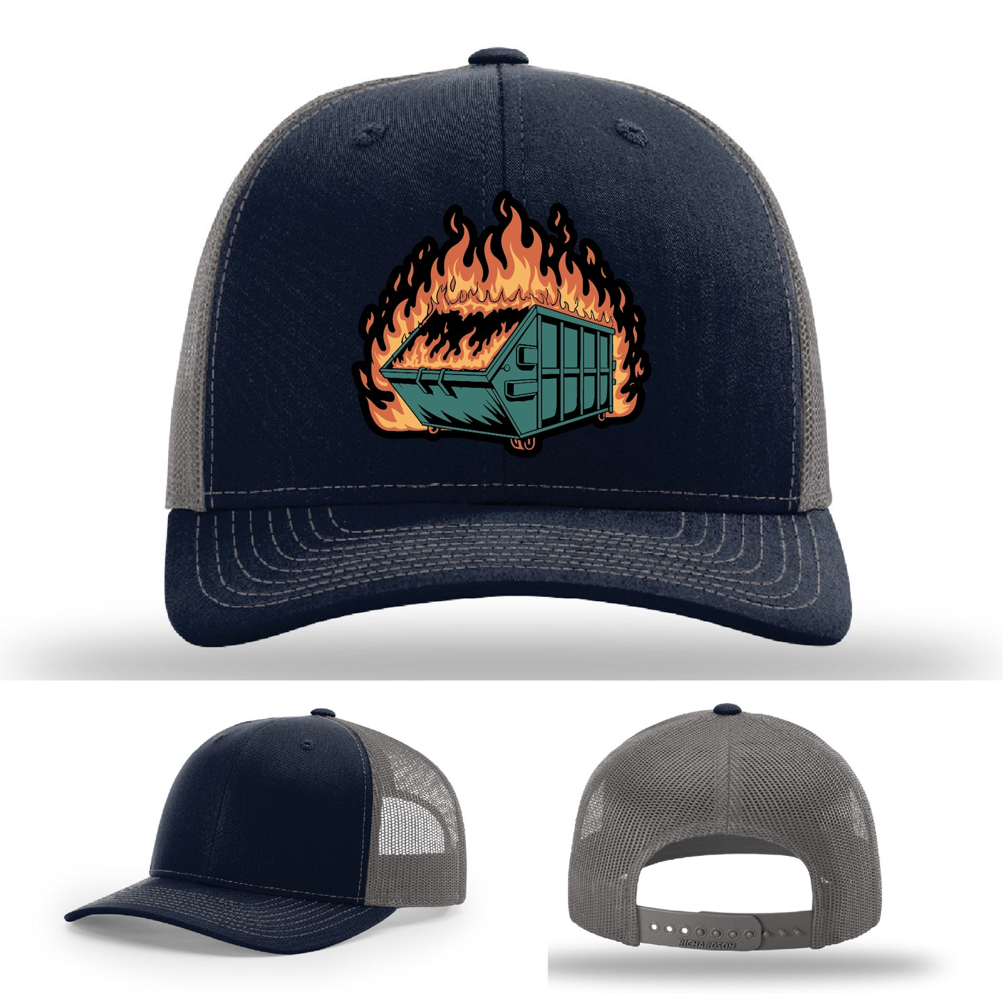 Relatable dumpster fire leather patch hat design a bold reminder of real-life disasters – when your week feels like a blaze