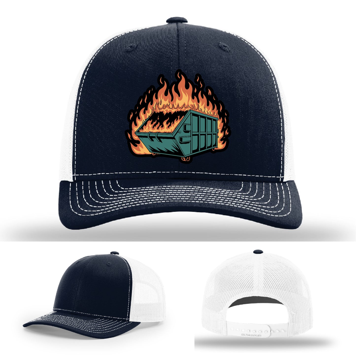 Humorous custom hat with dumpster fire patch crafted for sarcastic style – sharp, clean, and chaotic
