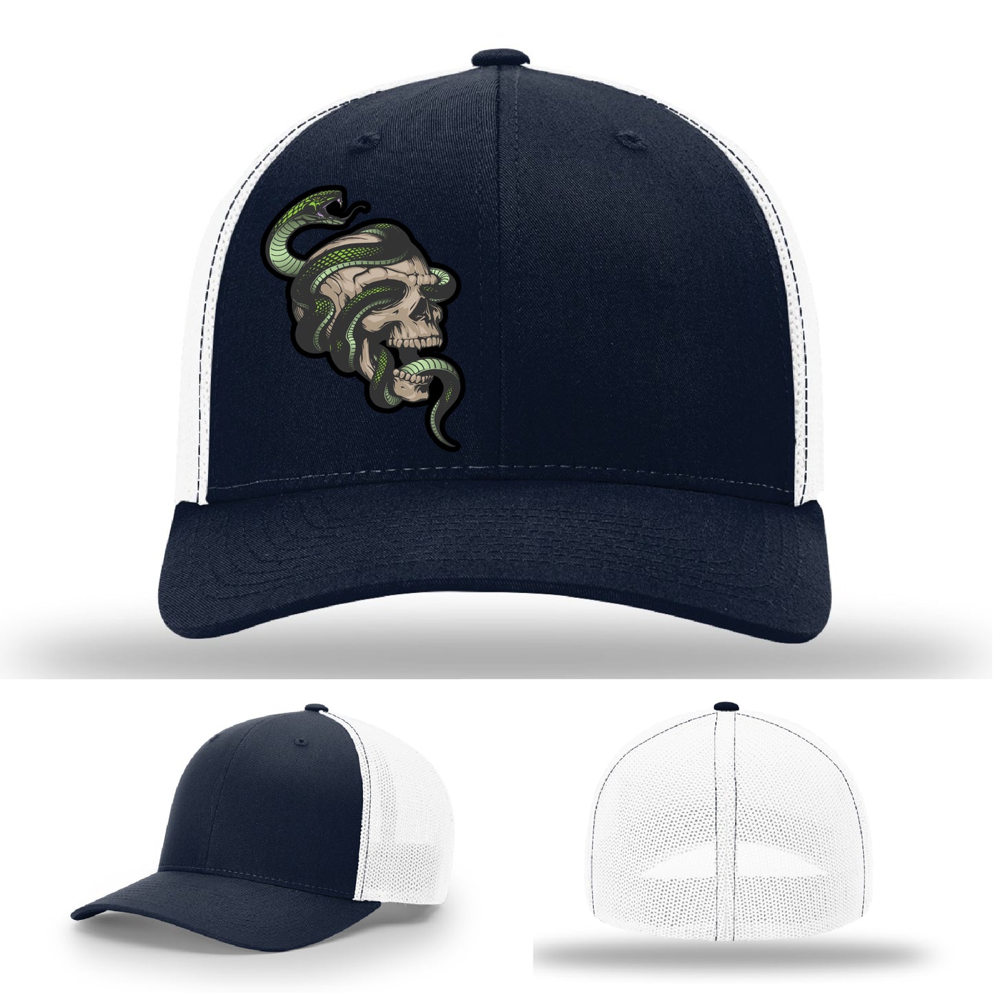 Custom Richardson hat with leather patch featuring skull and green snake design – dark streetwear style.