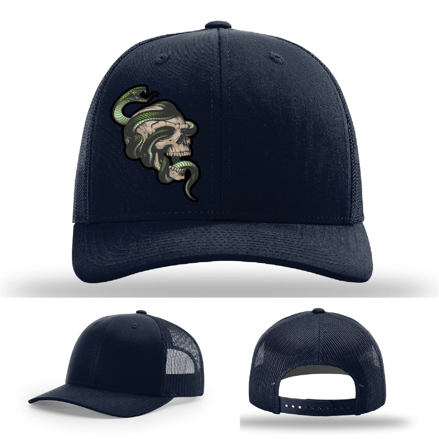 Custom Richardson hat with leather patch featuring skull and green snake design – dark streetwear style.