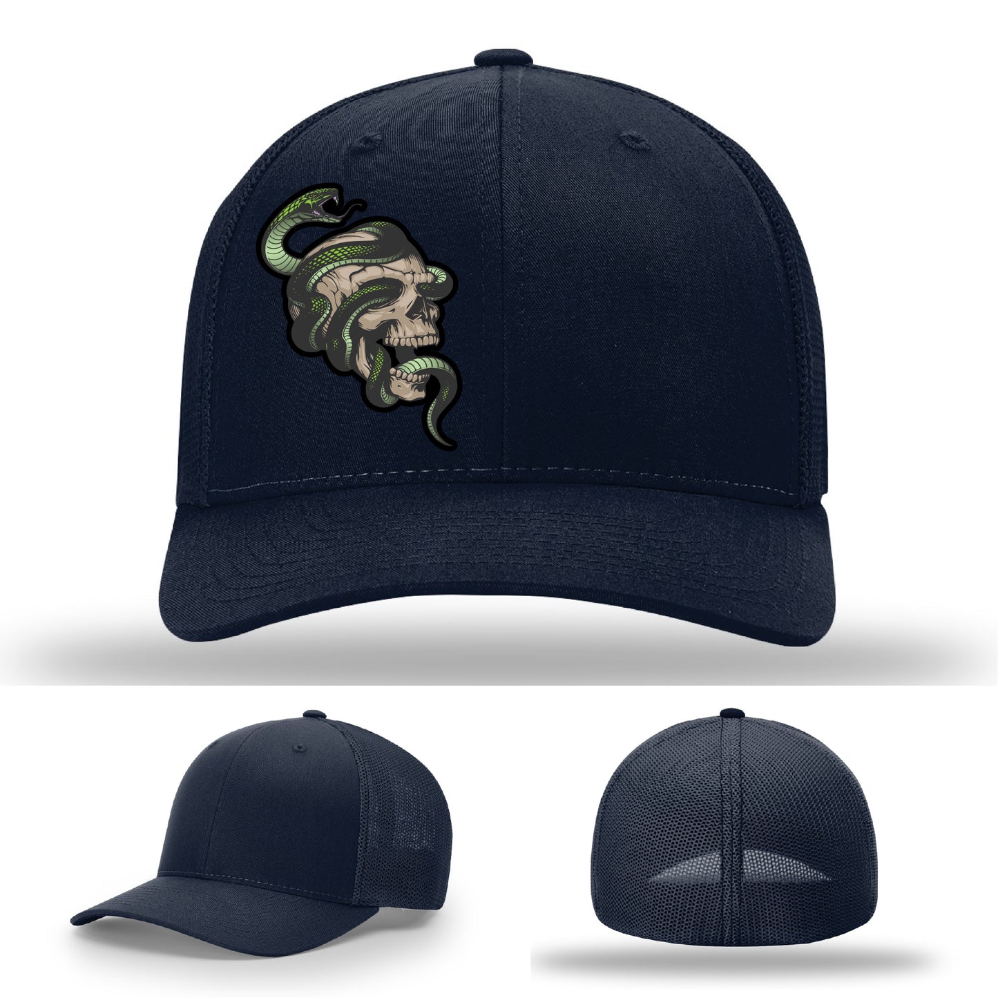 Custom Richardson hat with leather patch featuring skull and green snake design – dark streetwear style.