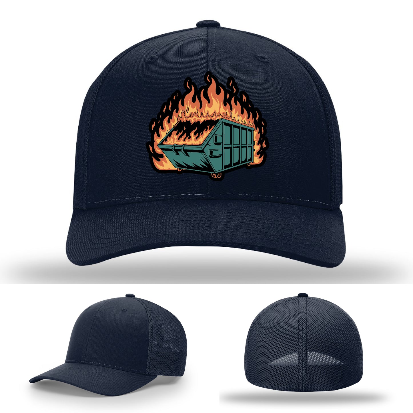 Funny leather patch hat featuring dumpster fire artwork great for sarcastic personalities – a conversation starter in leather
