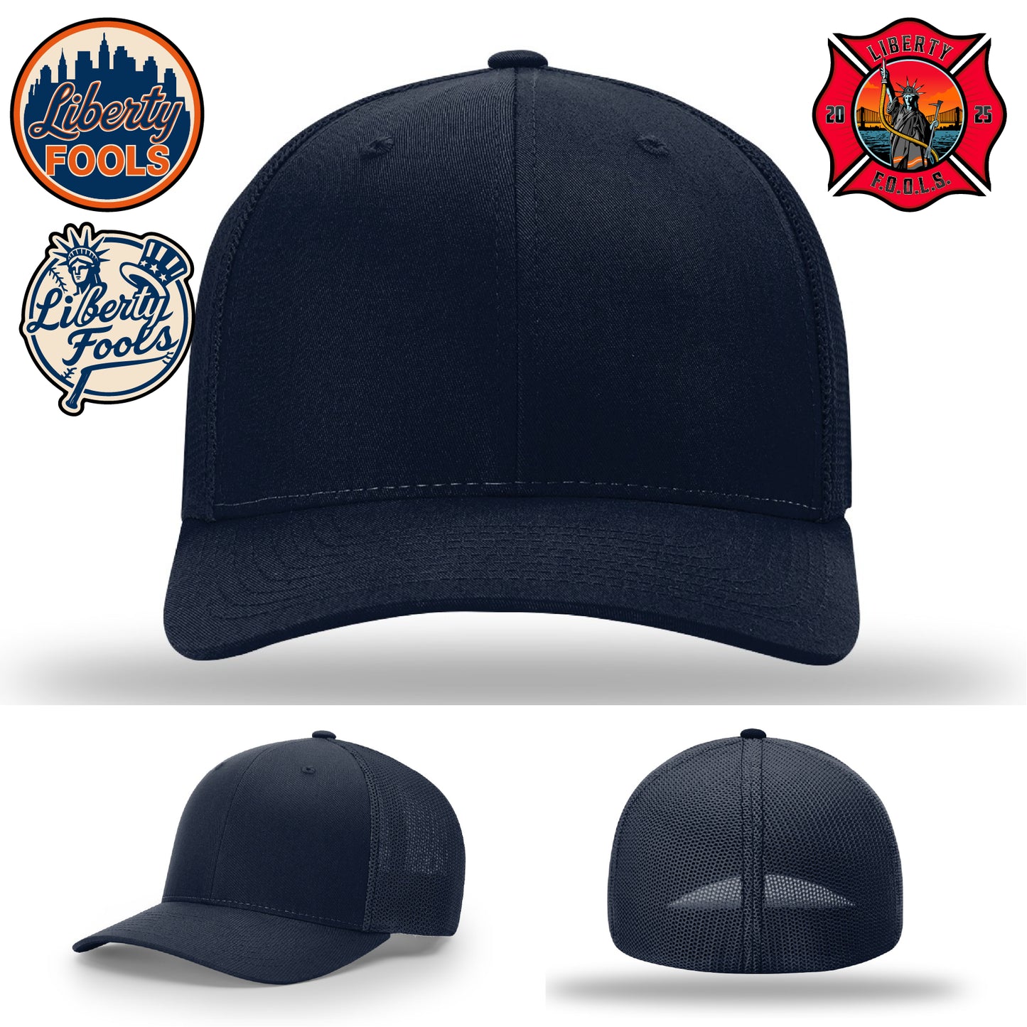 Liberty City FOOLS firefighter hat logo variants β display includes skyline, shield, and torch icons.