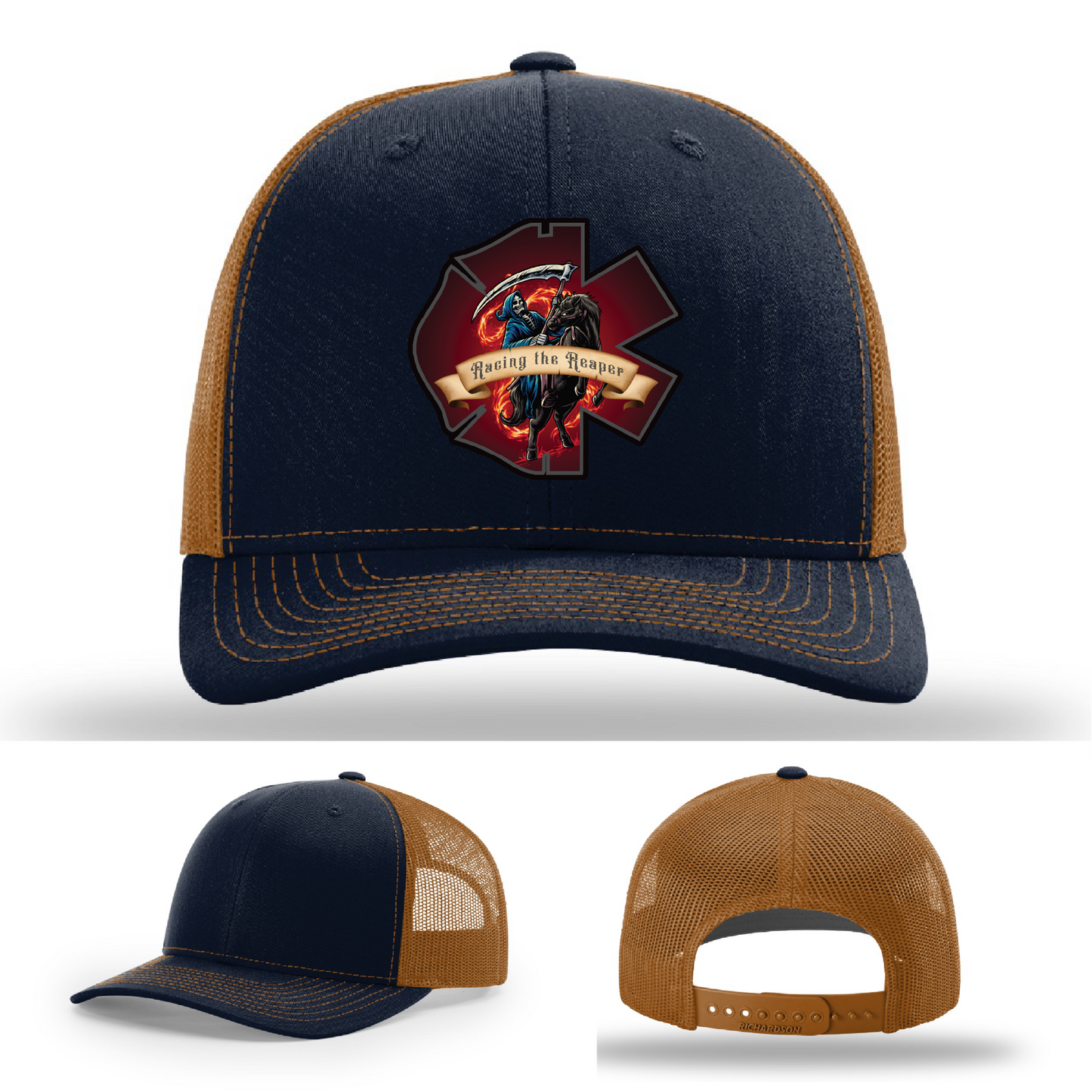 Richardson hat logo options – EMS patch variants with Grim Reaper designs