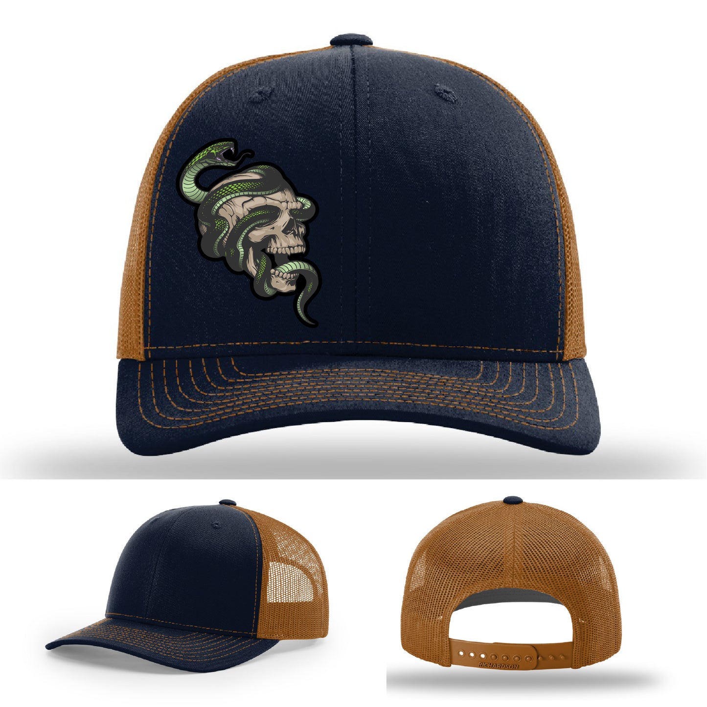 Custom Richardson hat with leather patch featuring skull and green snake design – dark streetwear style.