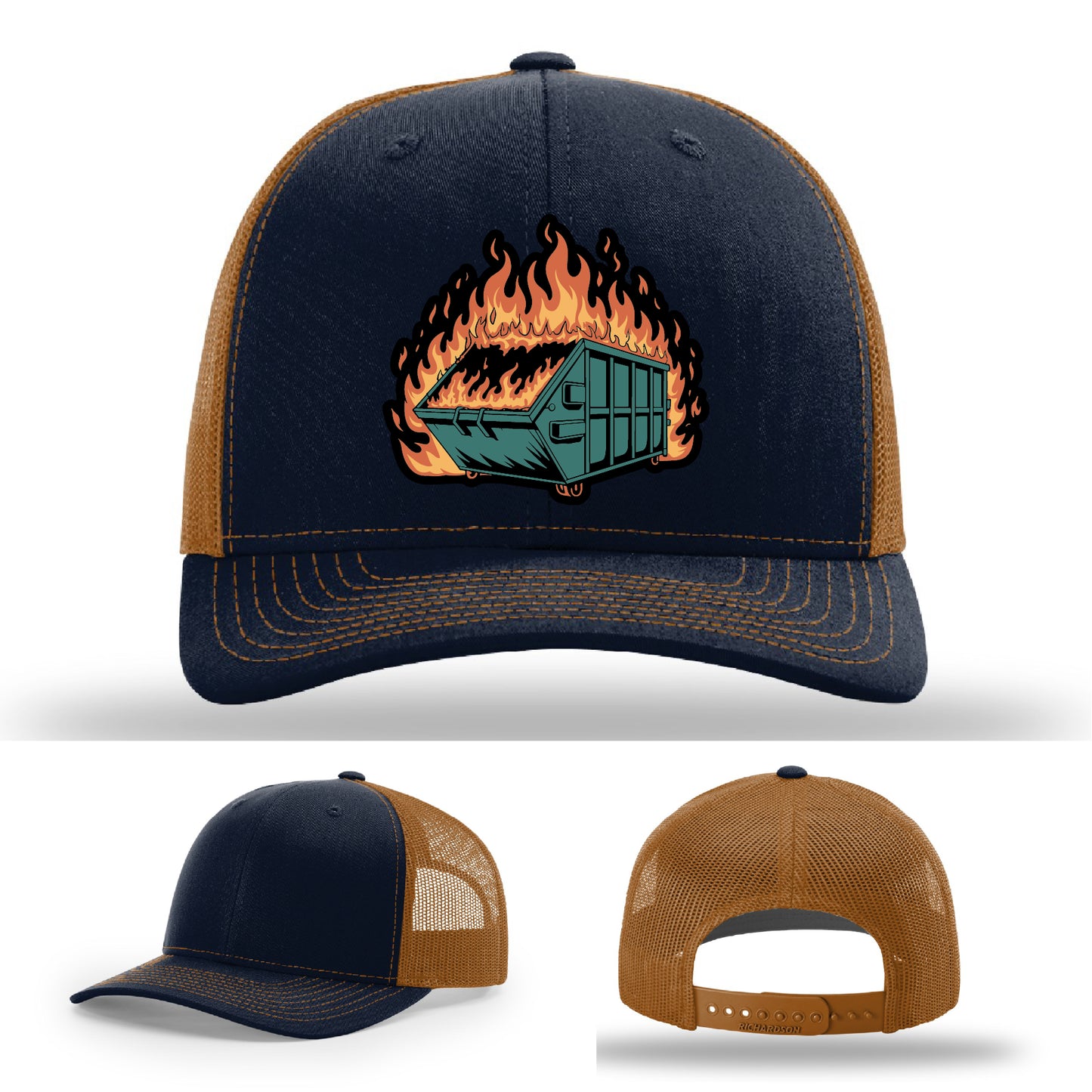 Custom leather patch hat with dumpster fire design perfect for embracing the chaos – custom made and fully relatable