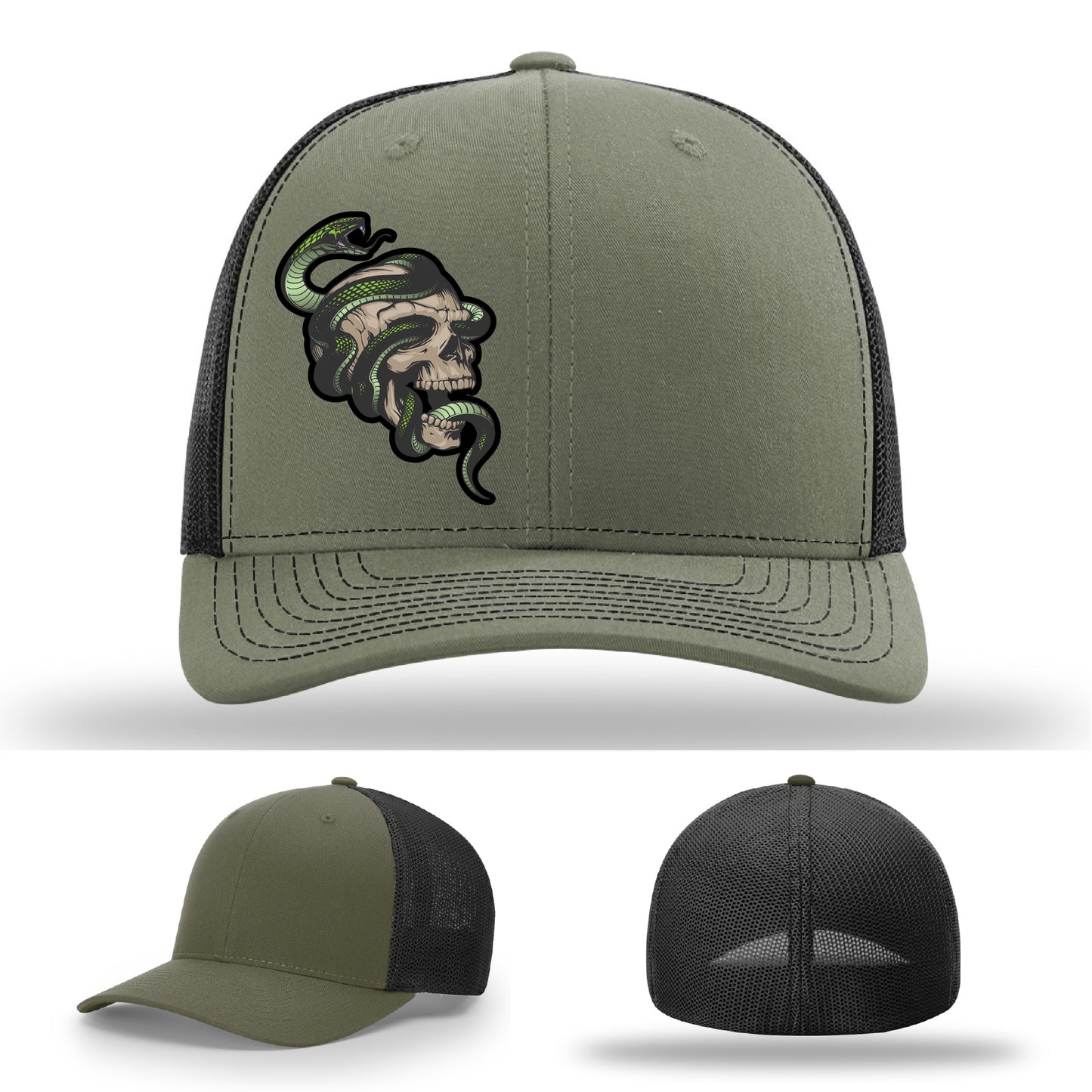 Custom Richardson hat with leather patch featuring skull and green snake design – dark streetwear style.