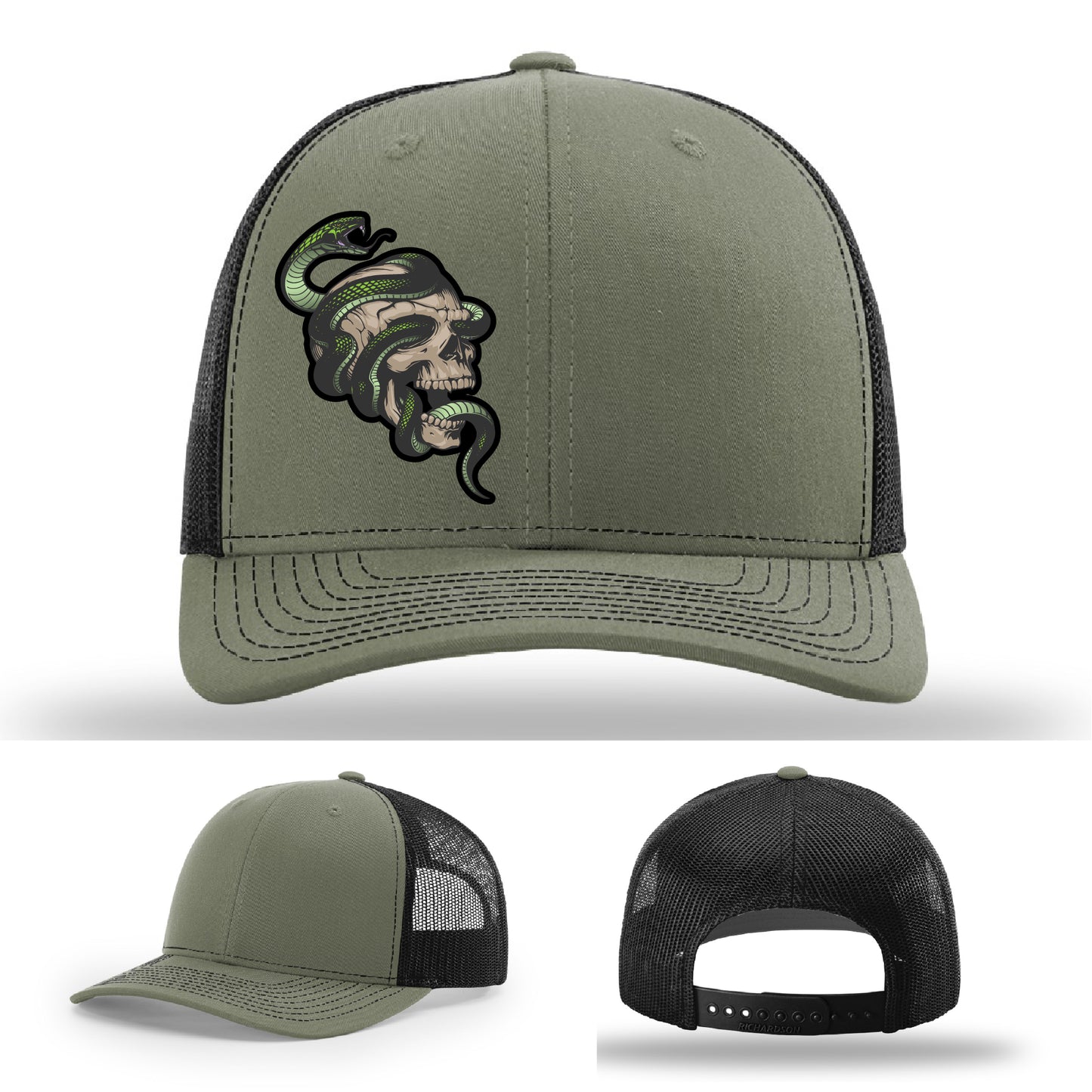 Custom Richardson hat with leather patch featuring skull and green snake design – dark streetwear style.