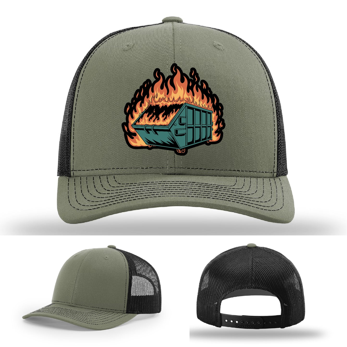 Custom patch hat capturing the dumpster fire vibe showcasing your sense of humor – ironic gear with real leather patch