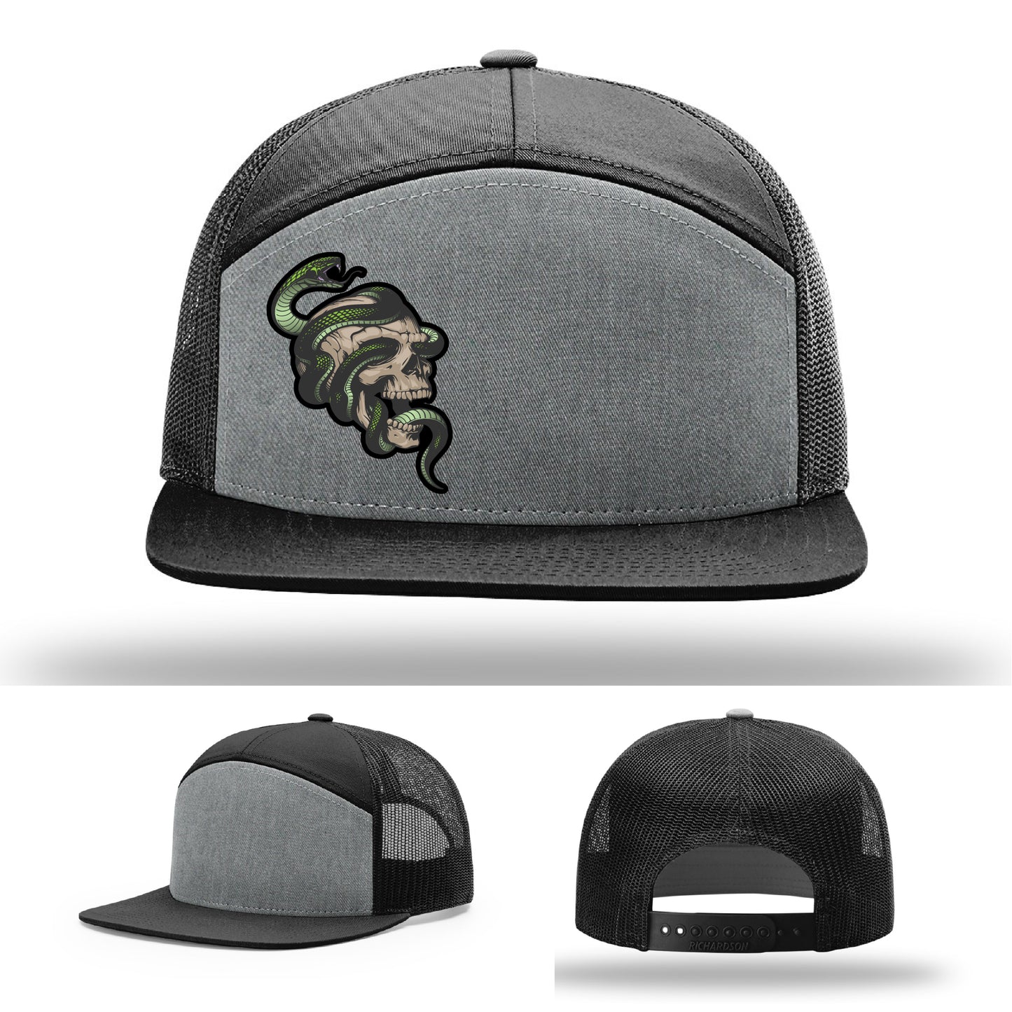 Custom Richardson hat with leather patch featuring skull and green snake design – dark streetwear style.