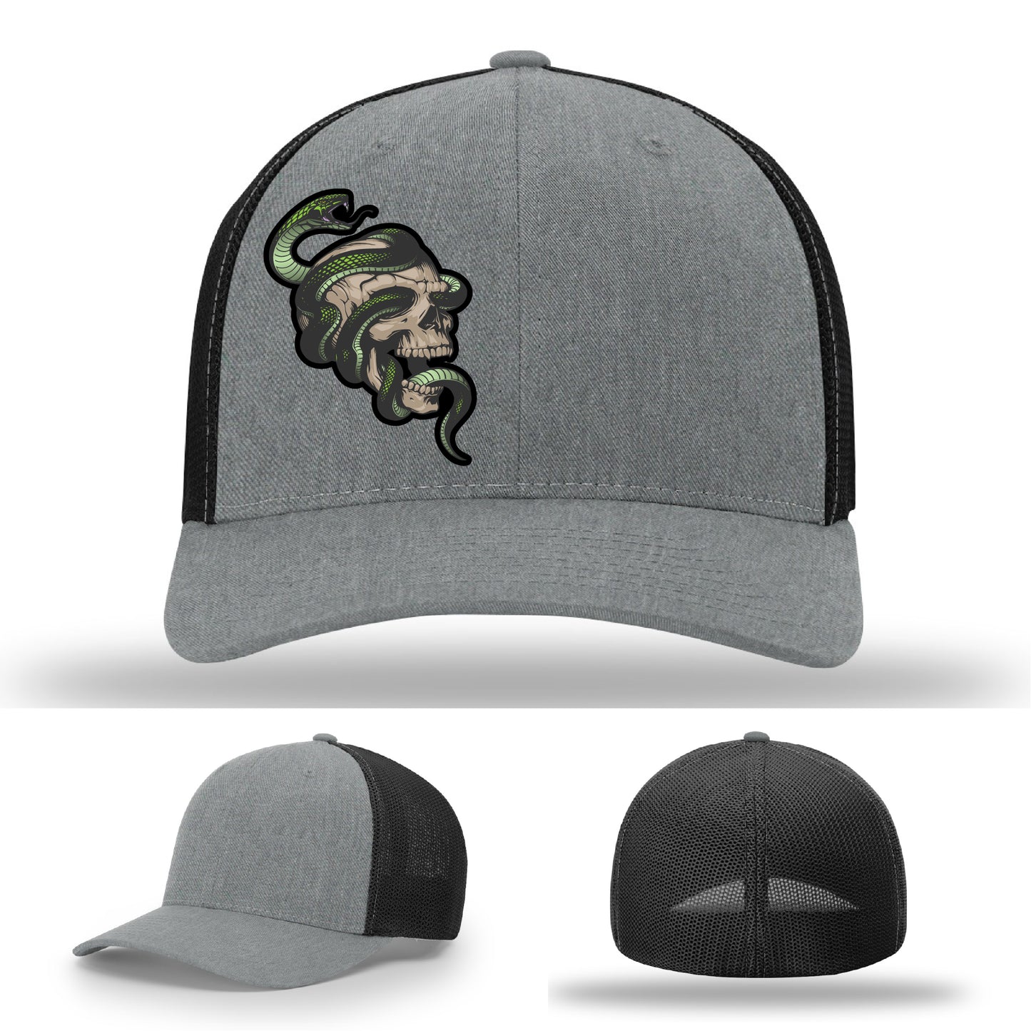 Custom Richardson hat with leather patch featuring skull and green snake design – dark streetwear style.