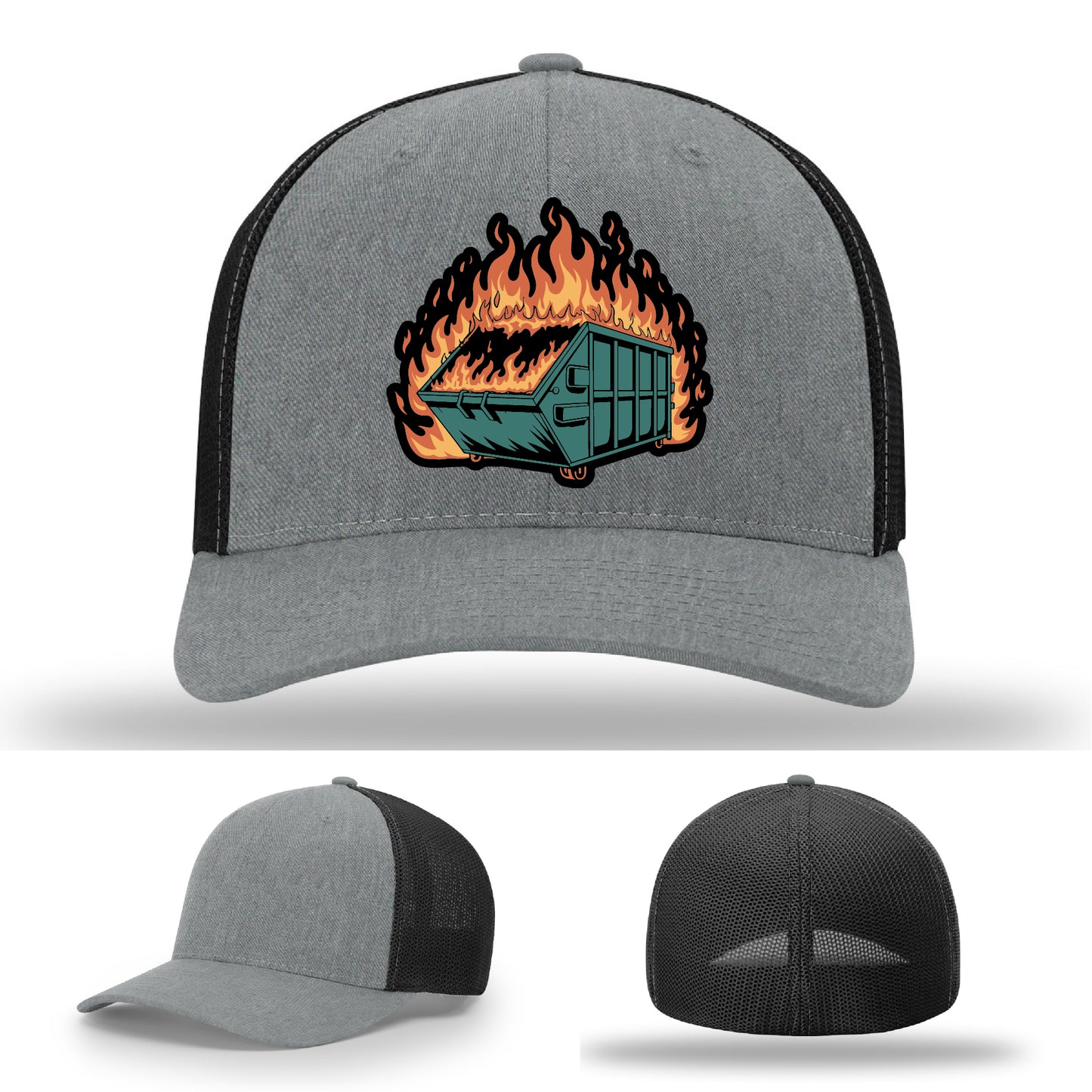 Relatable dumpster fire leather patch hat design a bold reminder of real-life disasters – when your week feels like a blaze