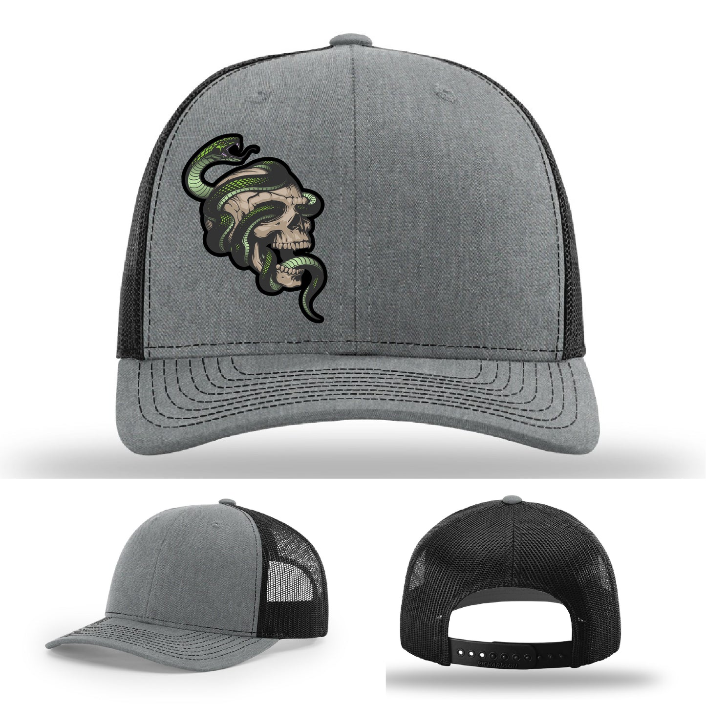 Custom Richardson hat with leather patch featuring skull and green snake design – dark streetwear style.