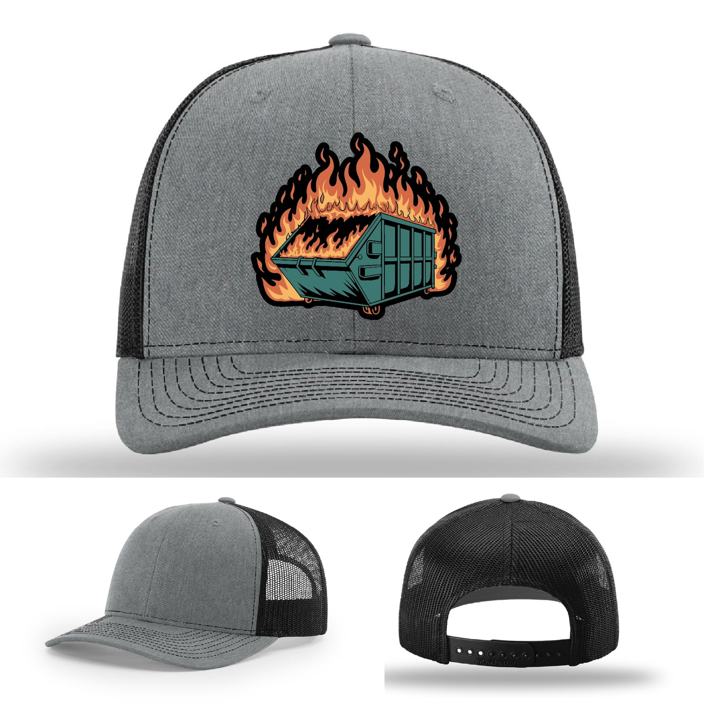 Humorous custom hat with dumpster fire patch crafted for sarcastic style – sharp, clean, and chaotic