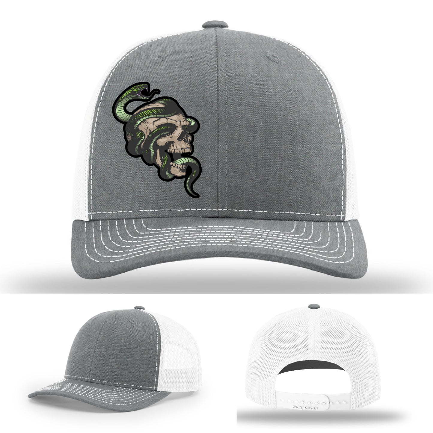 Custom Richardson hat with leather patch featuring skull and green snake design – dark streetwear style.