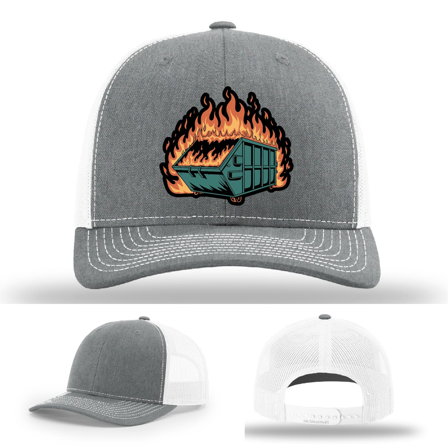 Dumpster fire themed leather patch hat built for maximum irony – built for people who get the joke