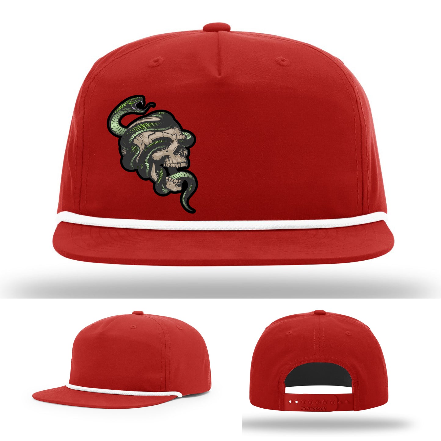 Custom Richardson hat with leather patch featuring skull and green snake design – dark streetwear style.