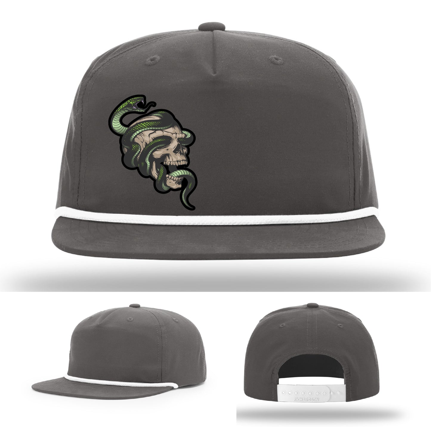 Custom Richardson hat with leather patch featuring skull and green snake design – dark streetwear style.