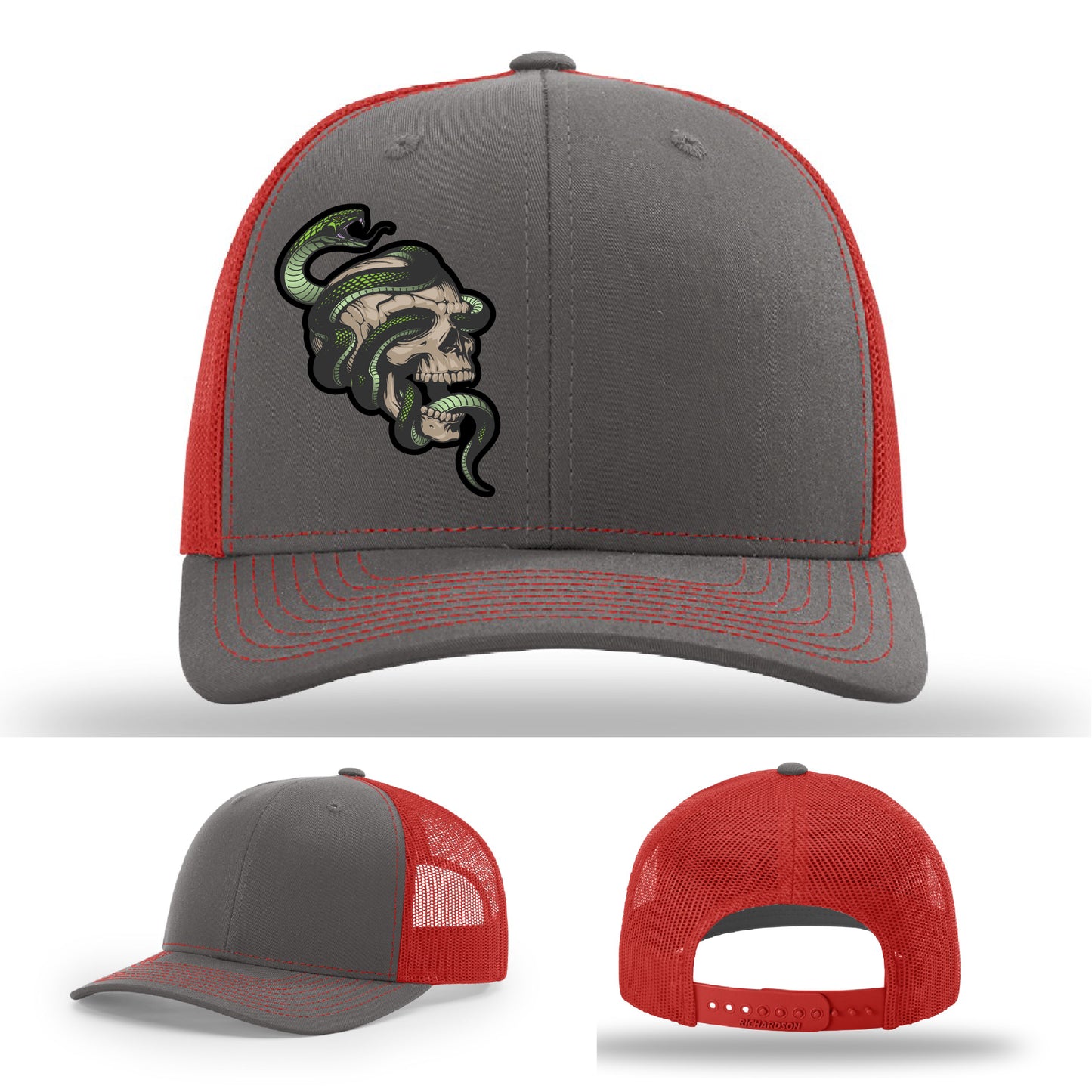 Custom Richardson hat with leather patch featuring skull and green snake design – dark streetwear style.
