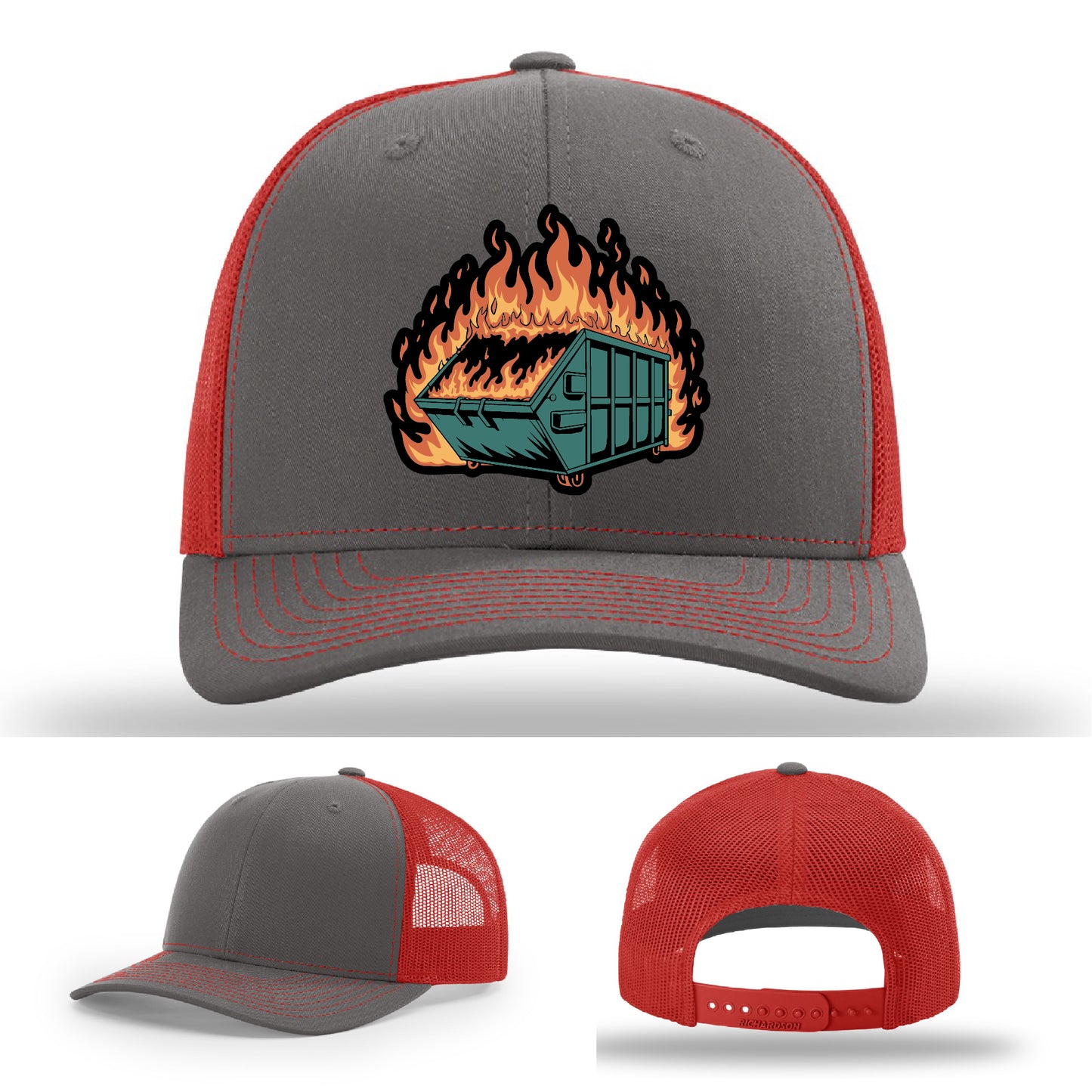 Funny leather patch hat featuring dumpster fire artwork great for sarcastic personalities – a conversation starter in leather