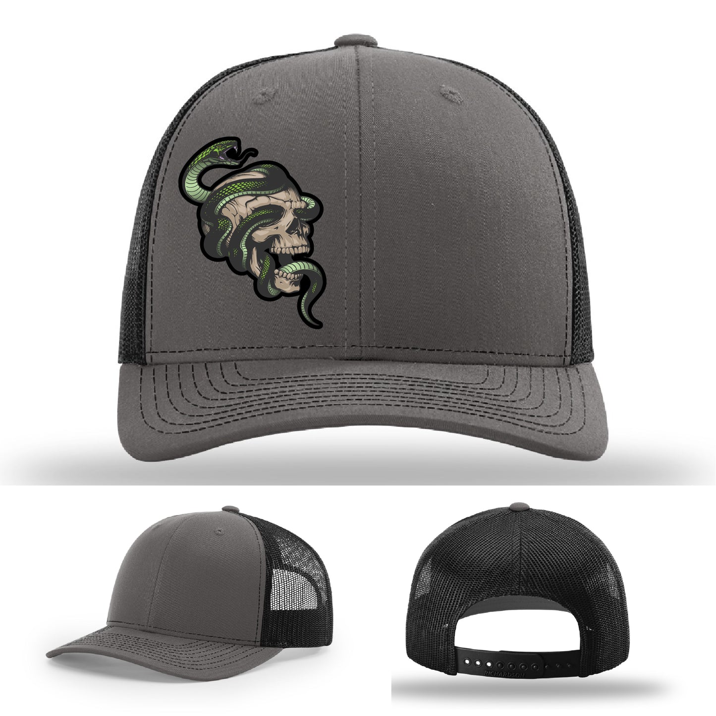 Custom Richardson hat with leather patch featuring skull and green snake design – dark streetwear style.