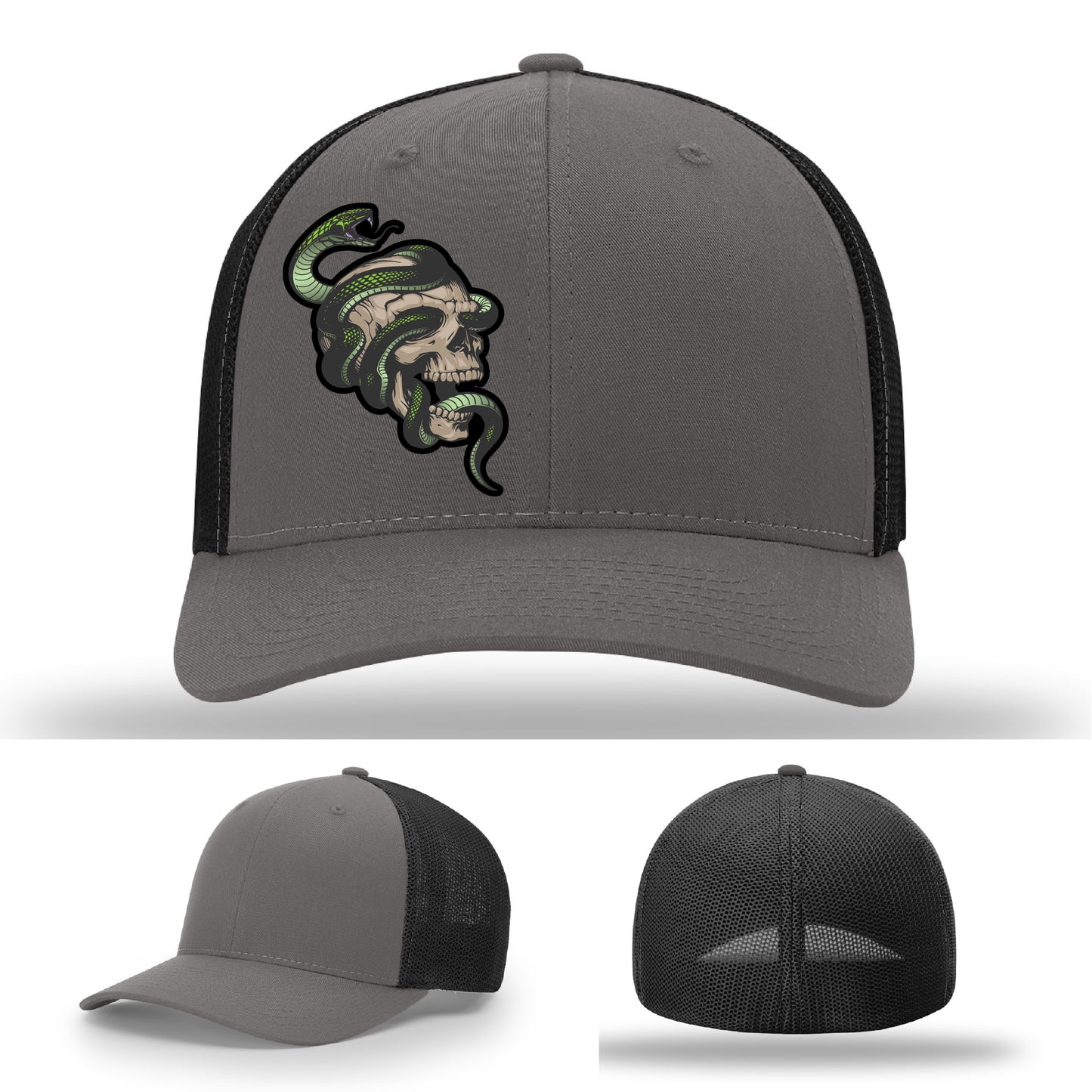 Custom Richardson hat with leather patch featuring skull and green snake design – dark streetwear style.