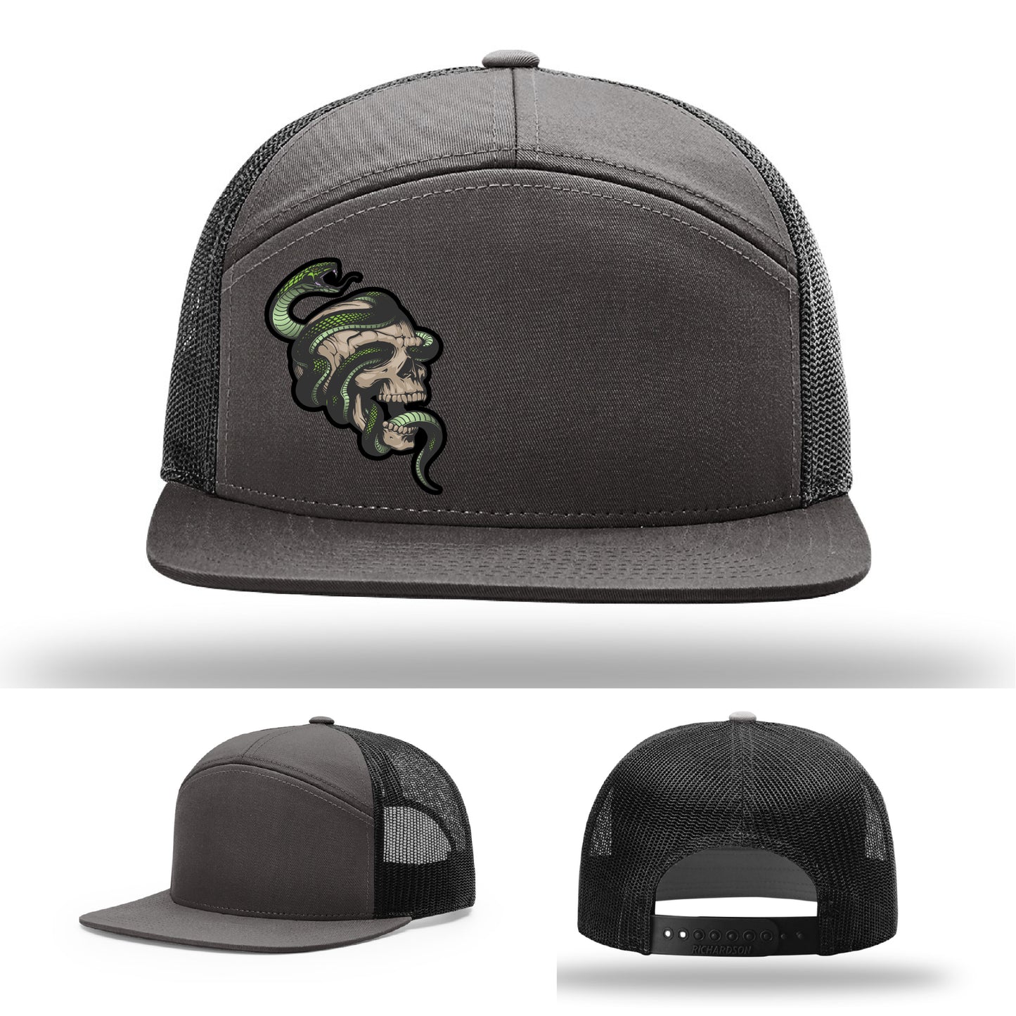 Custom Richardson hat with leather patch featuring skull and green snake design – dark streetwear style.